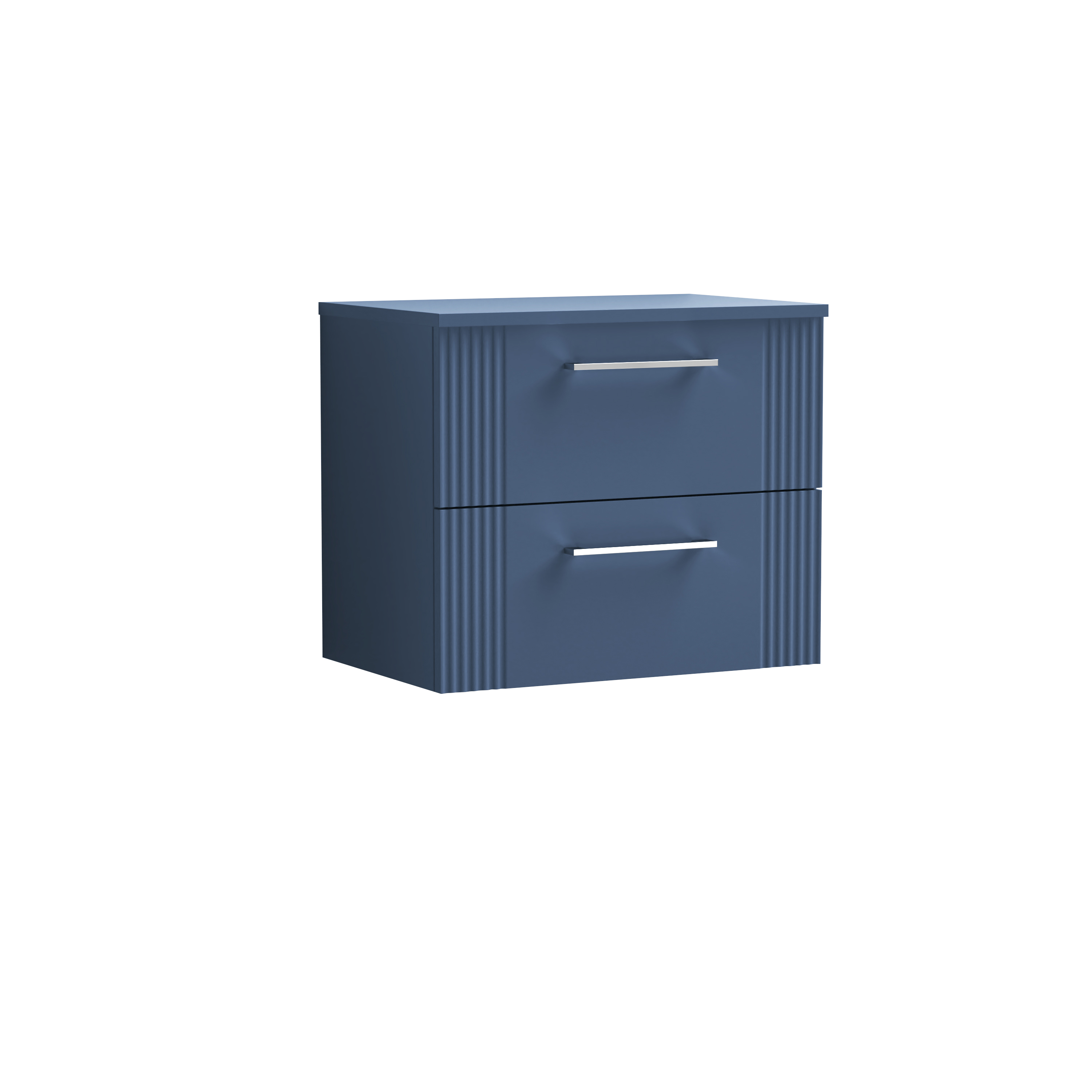 Nuie Deco Satin Blue 600mm Wall Hung 2 Drawer Vanity Unit and Worktop DPF393W