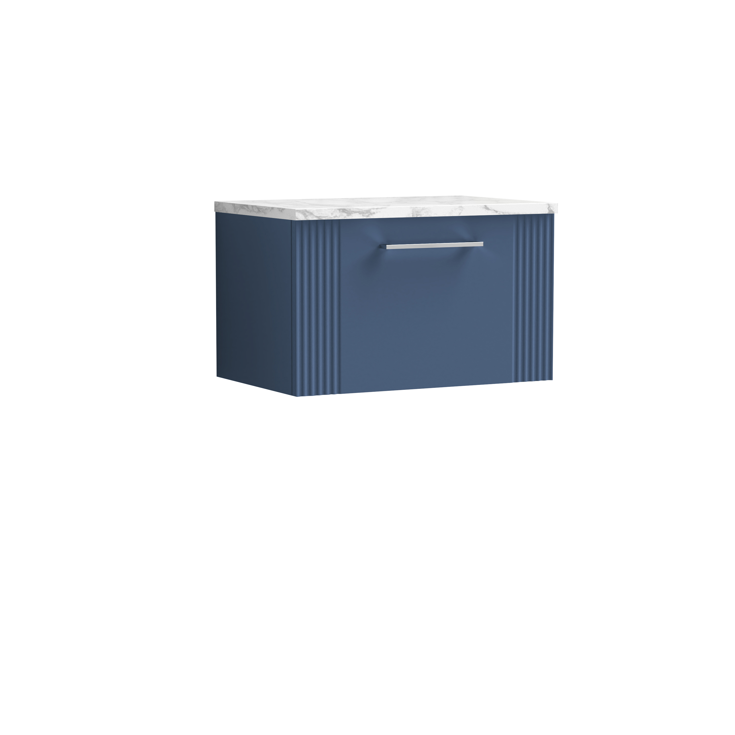 Nuie Deco Satin Blue 600 Wall Hung Single Drawer Vanity Unit and Laminate Worktop DPF394LCM