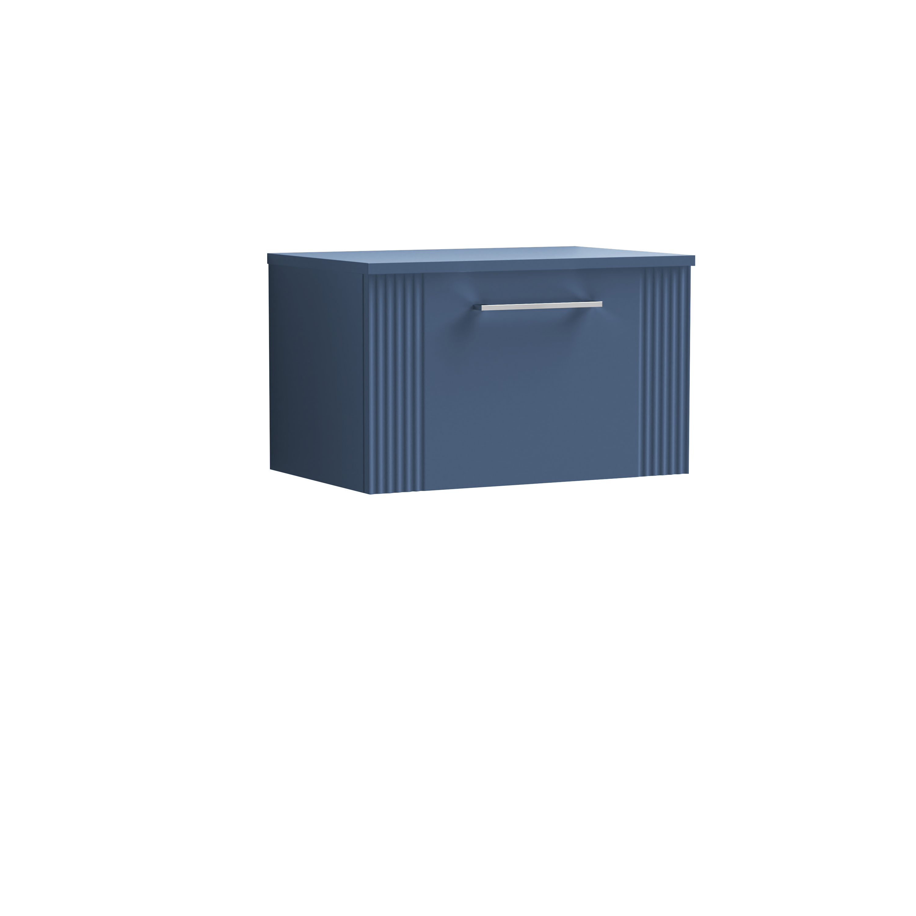 Nuie Deco Satin Blue 600mm Wall Hung Single Drawer Vanity Unit and Worktop DPF394W