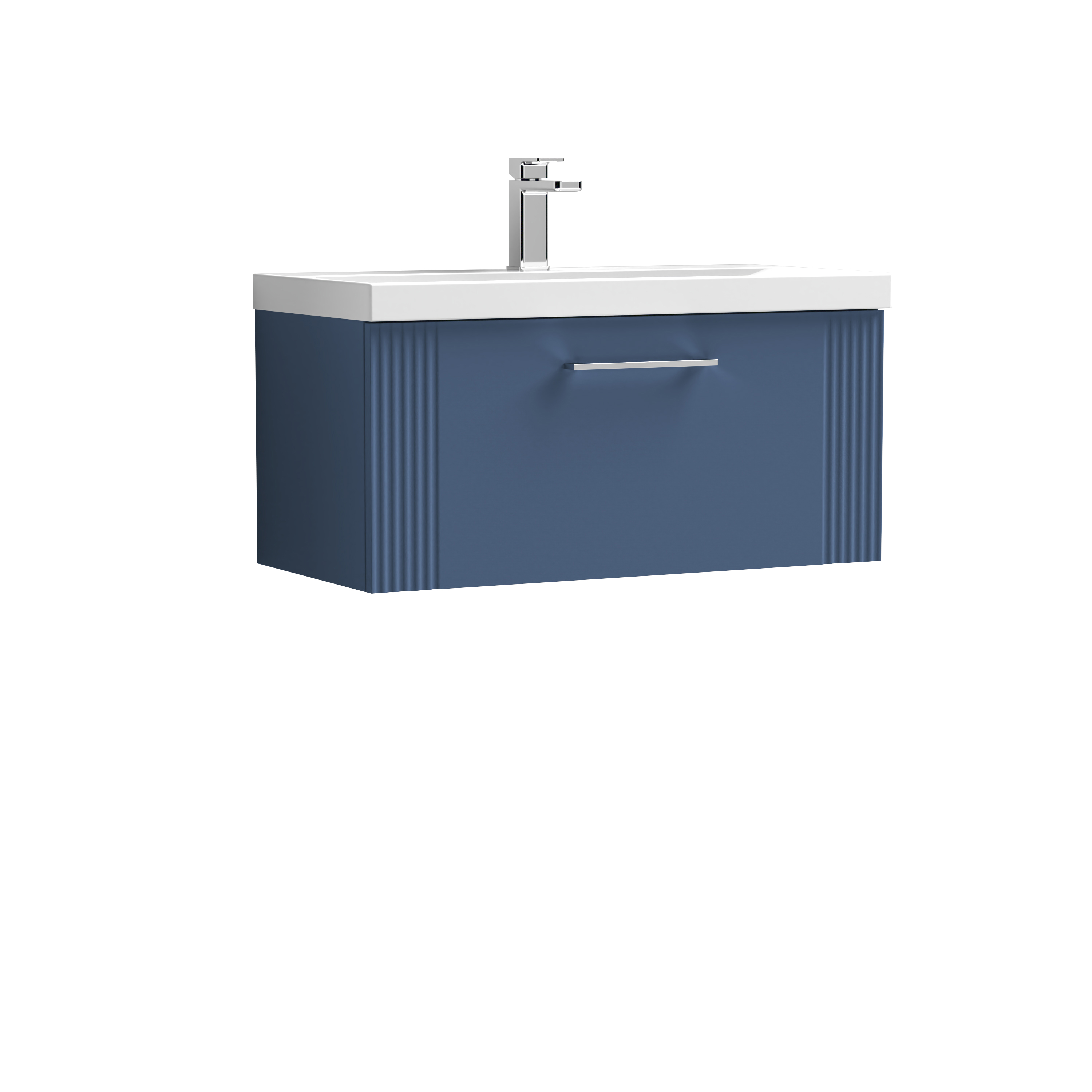 Nuie Deco Satin Blue 800mm Wall Hung Single Drawer Vanity Unit and Mid Edge Basin DPF396A