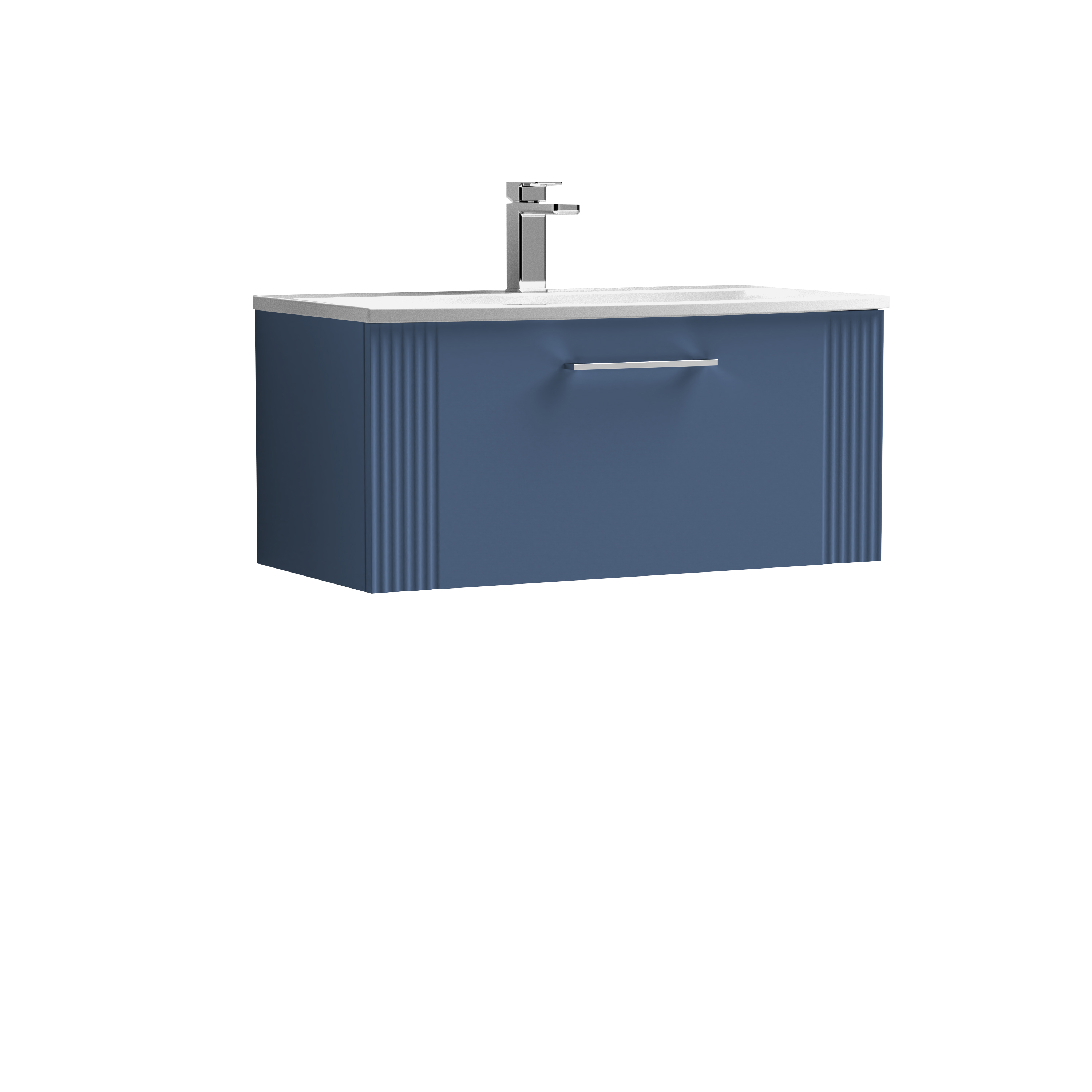 Nuie Deco Satin Blue 800mm Wall Hung Single Drawer Vanity Unit and Curved Basin DPF396G