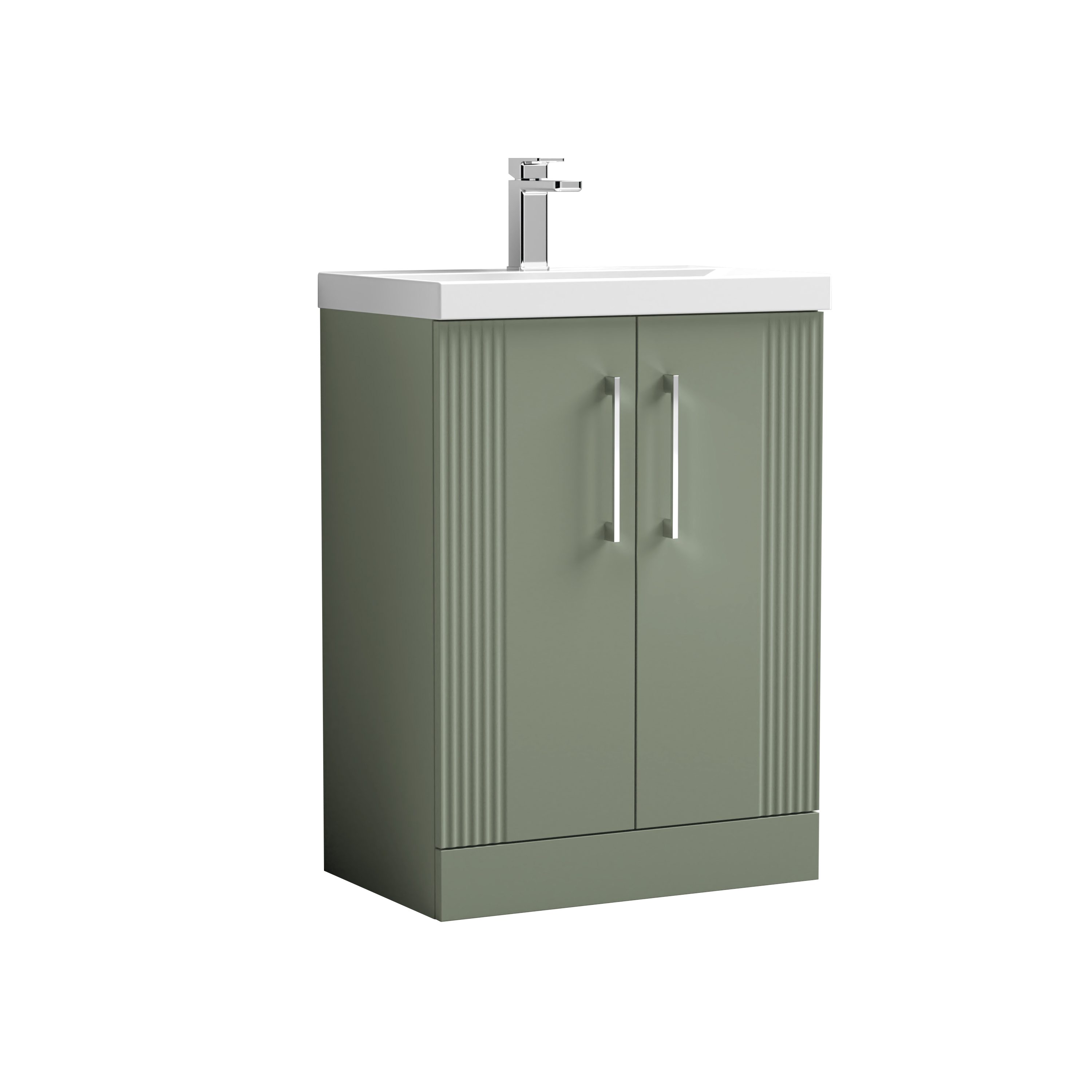Nuie Deco Satin Green 600mm Floor Standing 2 Door Vanity Unit and Thin Edge Basin DPF825D