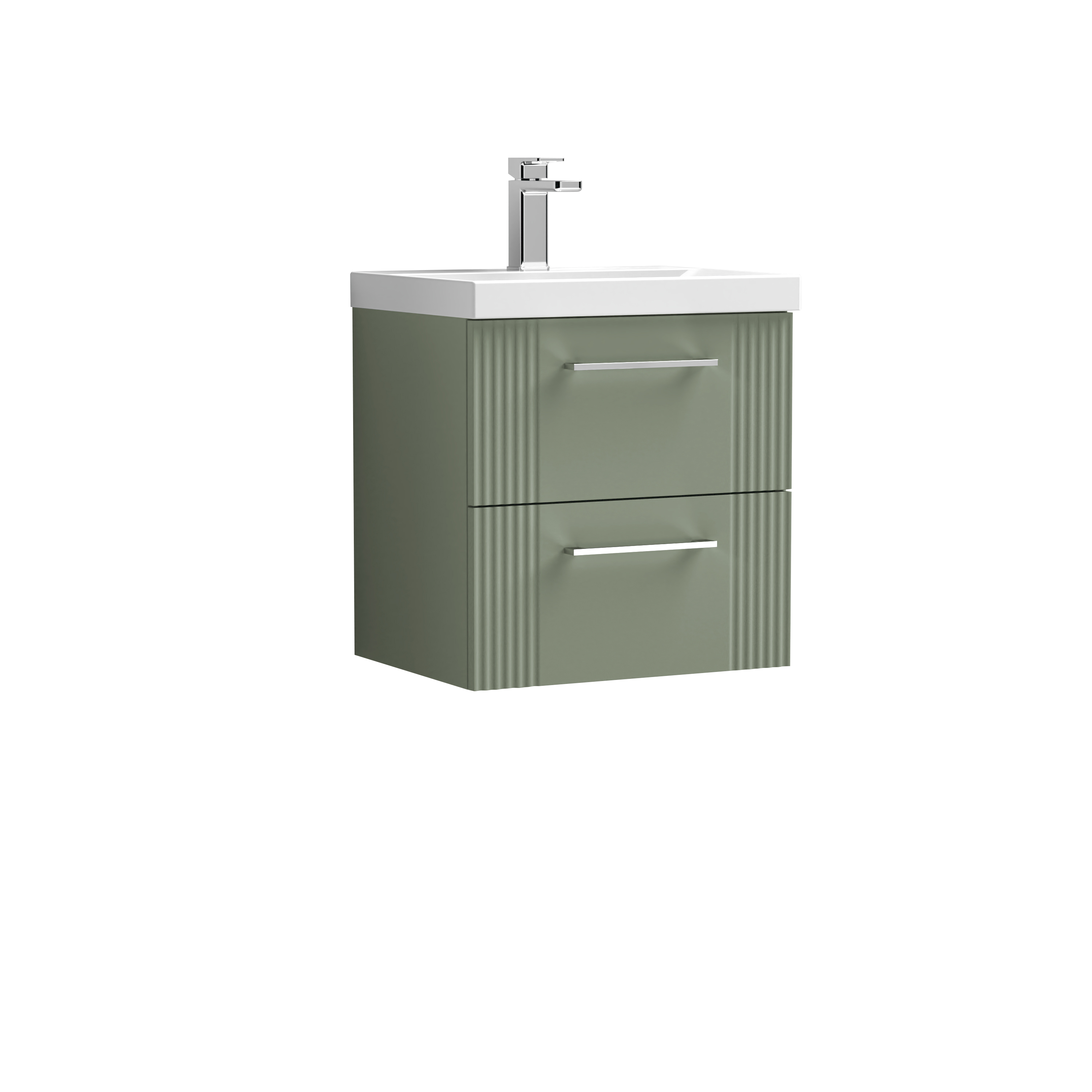 Nuie Deco Satin Green 500mm Wall Hung 2 Drawer Vanity Unit and Thin Edge Basin DPF892D