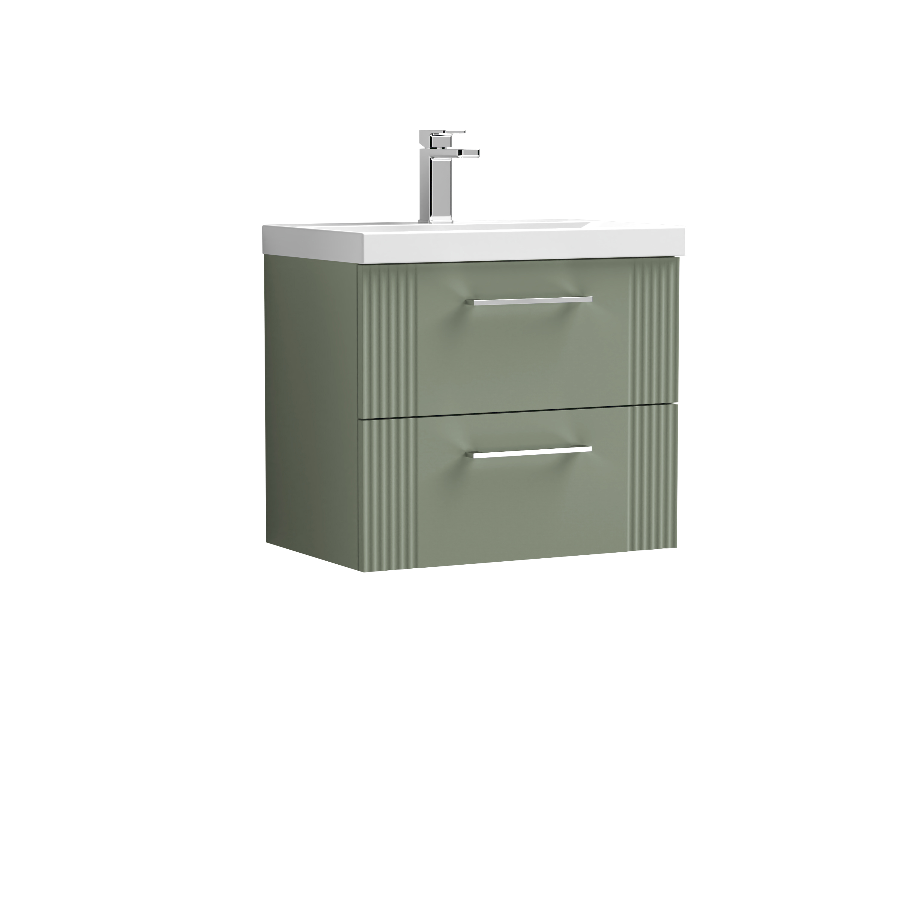 Nuie Deco Satin Green 600mm Wall Hung 2 Drawer Vanity Unit and Mid Edge Basin DPF893A