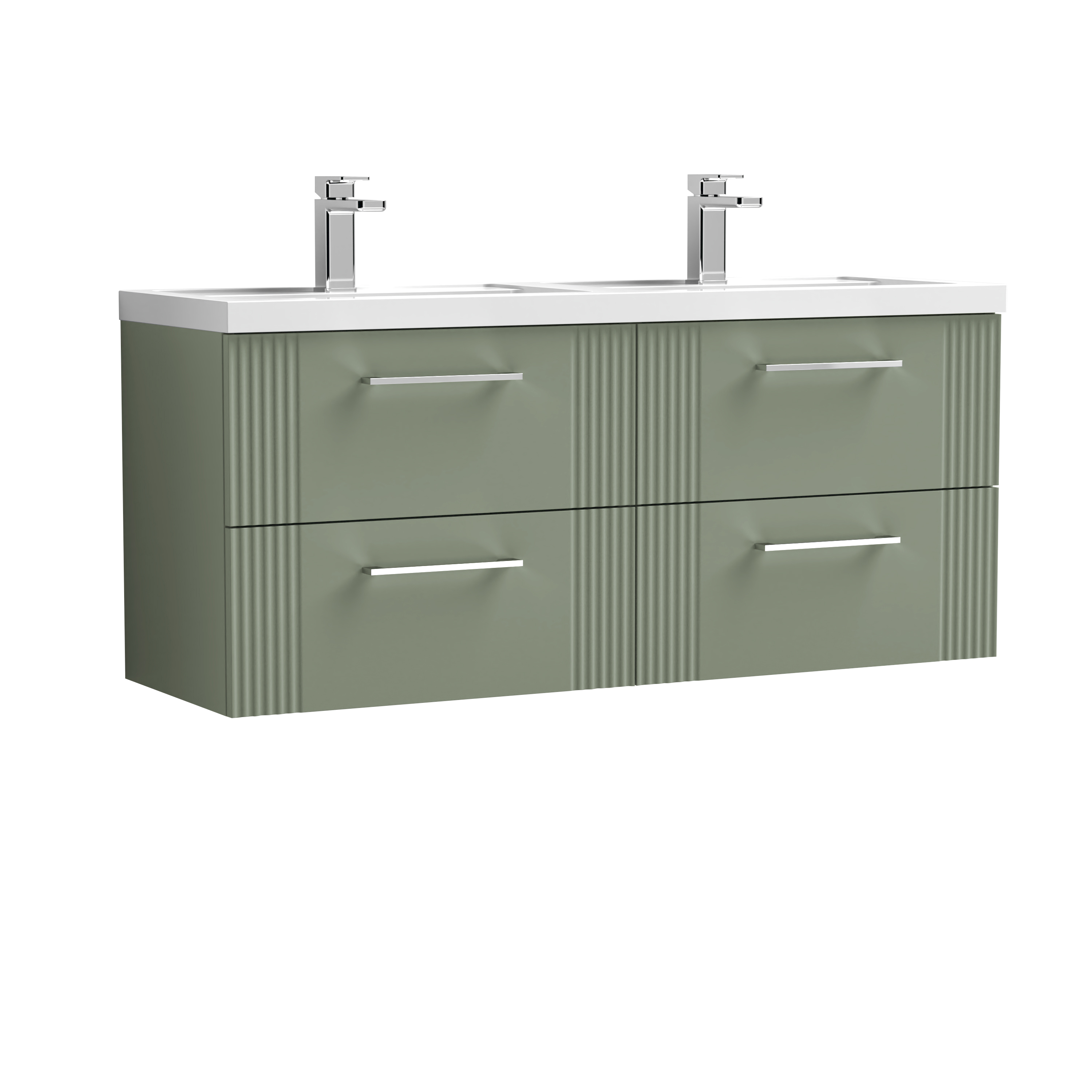 Nuie Deco Satin Green 1200mm Wall Hung 4 Drawer Vanity Unit and Double Basin DPF893C