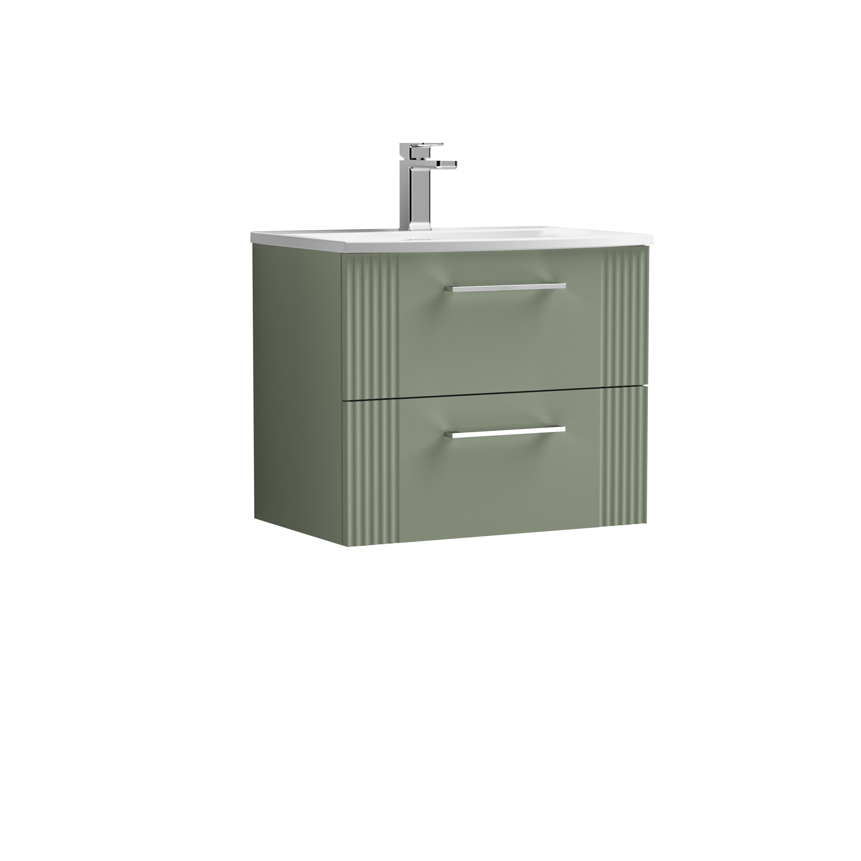 Nuie Deco Satin Green 600mm Wall Hung 2 Drawer Vanity Unit and Curved Basin DPF893G