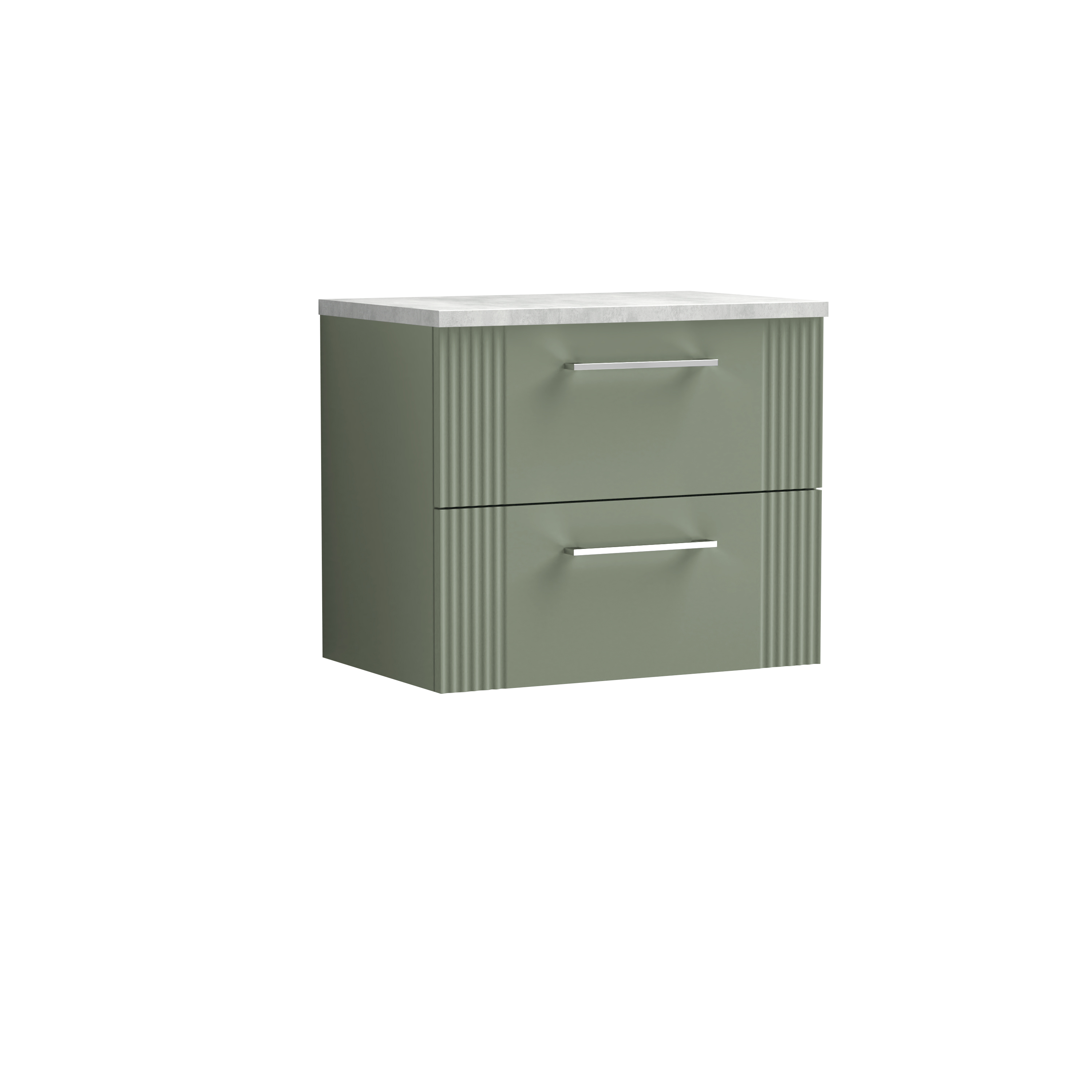 Nuie Deco Satin Green 600mm Wall Hung 2 Drawer Vanity Unit and Laminate Top DPF893LBG