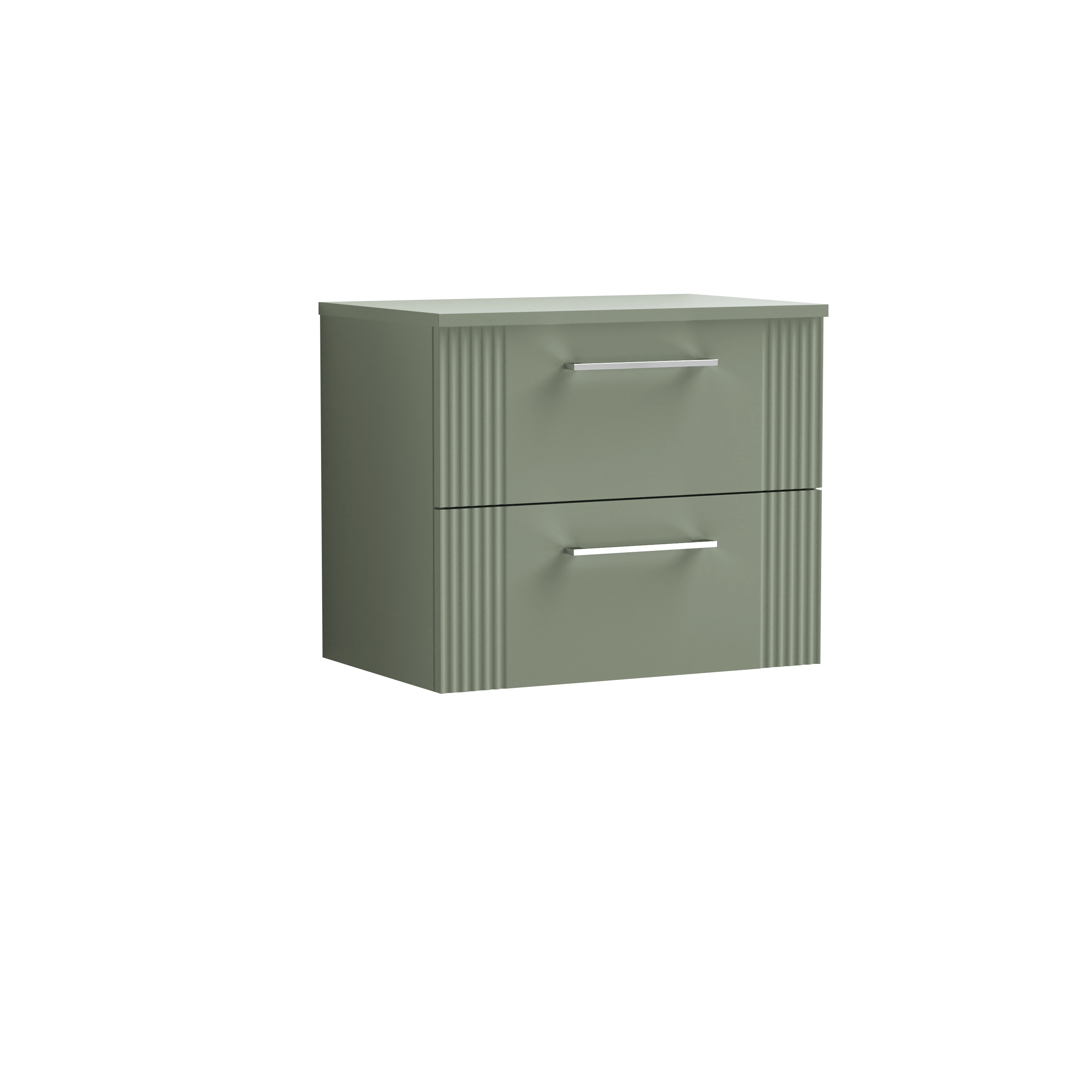 Nuie Deco Satin Green 600mm Wall Hung 2 Drawer Vanity Unit and Worktop DPF893W