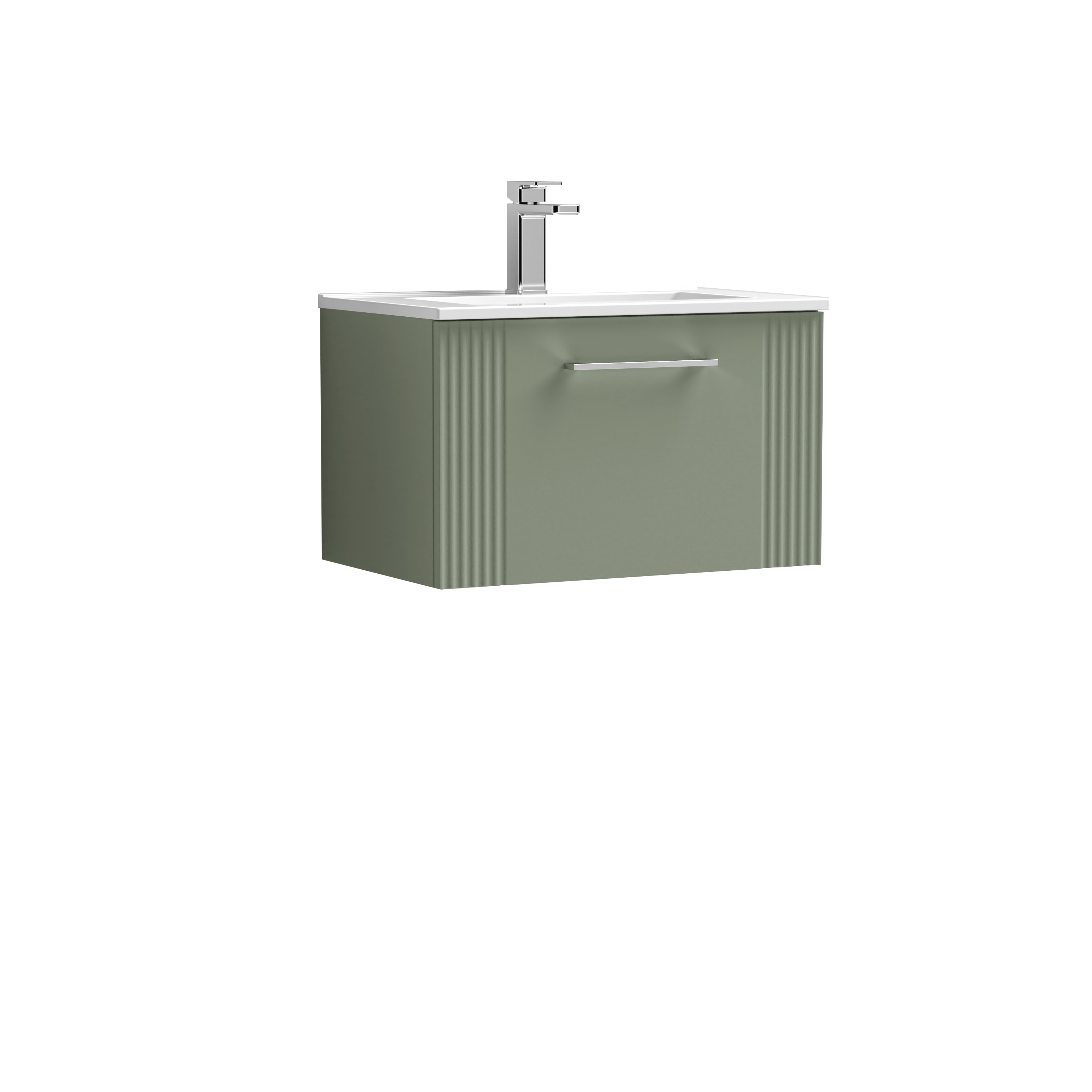 Nuie Deco Satin Green 600mm Wall Hung Single Drawer Vanity Unit and Minimalist Basin DPF894B