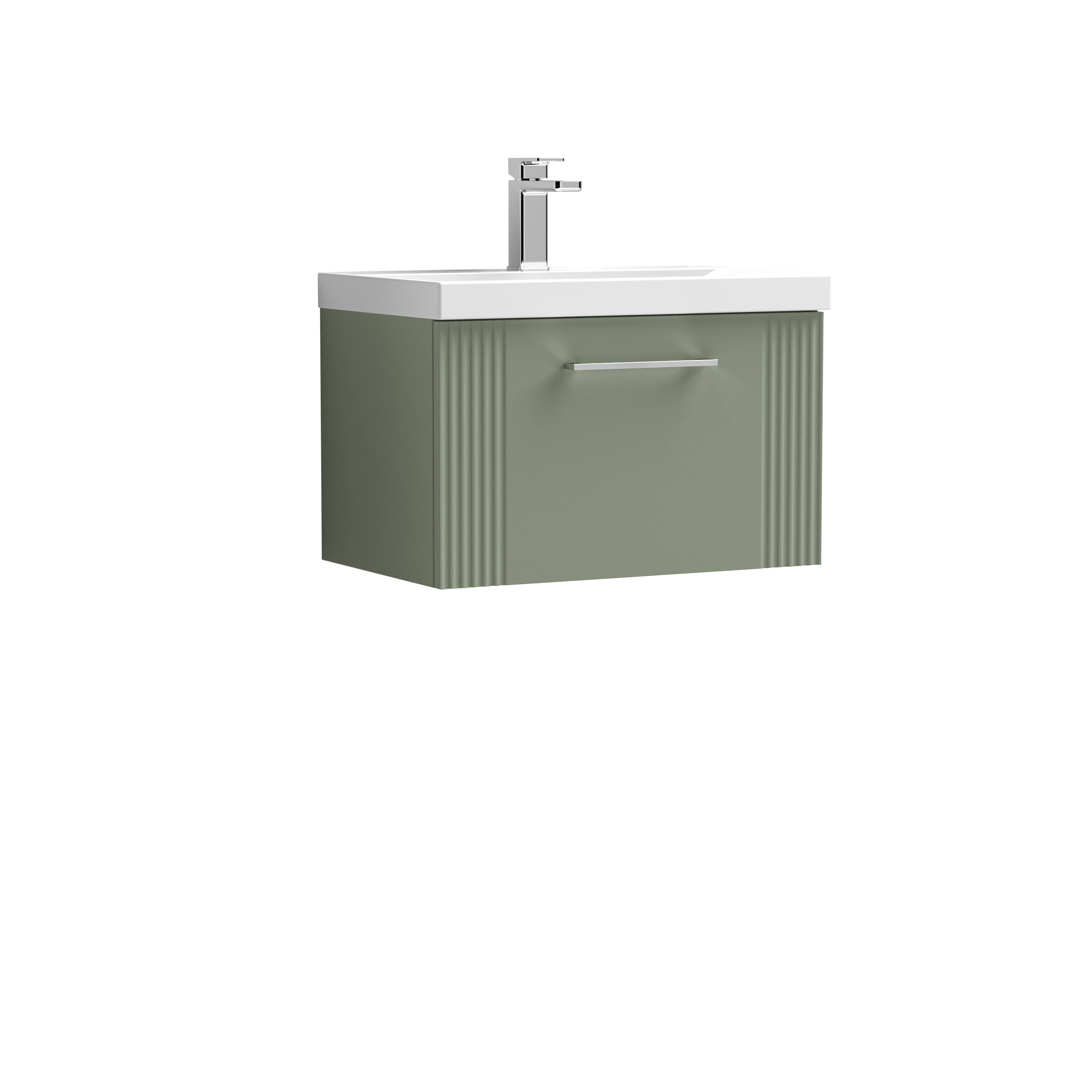 Nuie Deco Satin Green 600mm Wall Hung Single Drawer Vanity Unit and Thin Edge Basin DPF894D