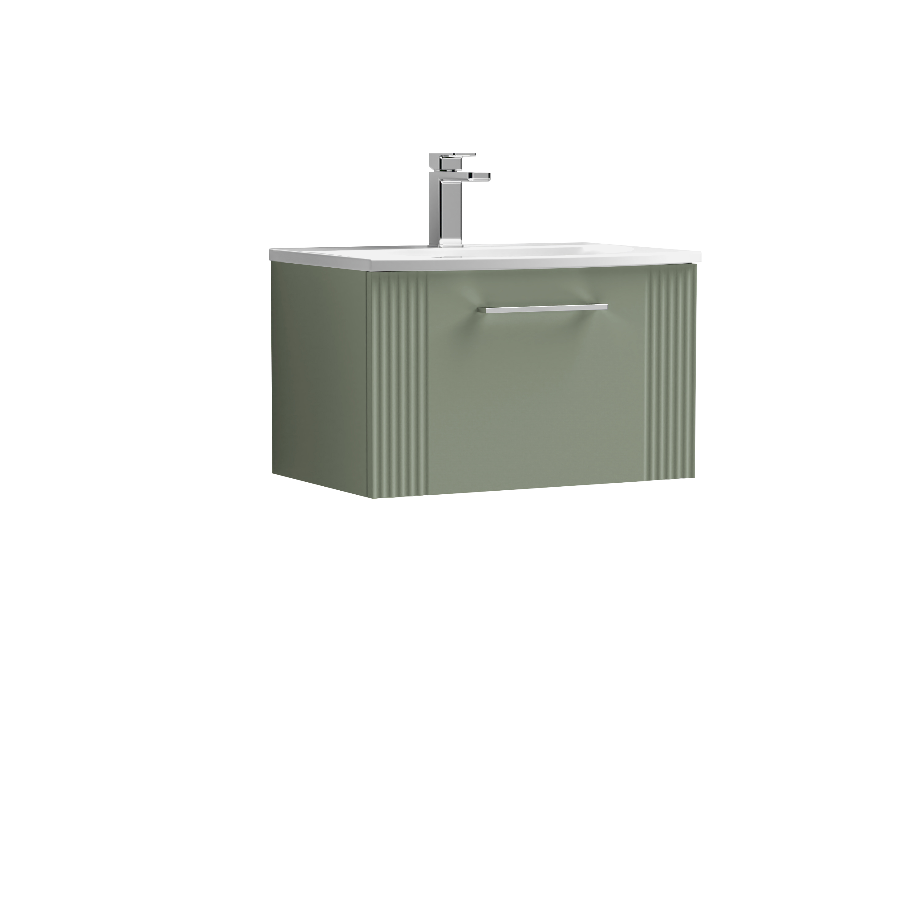 Nuie Deco Satin Green 600mm Wall Hung Single Drawer Vanity Unit and Curved Basin DPF894G