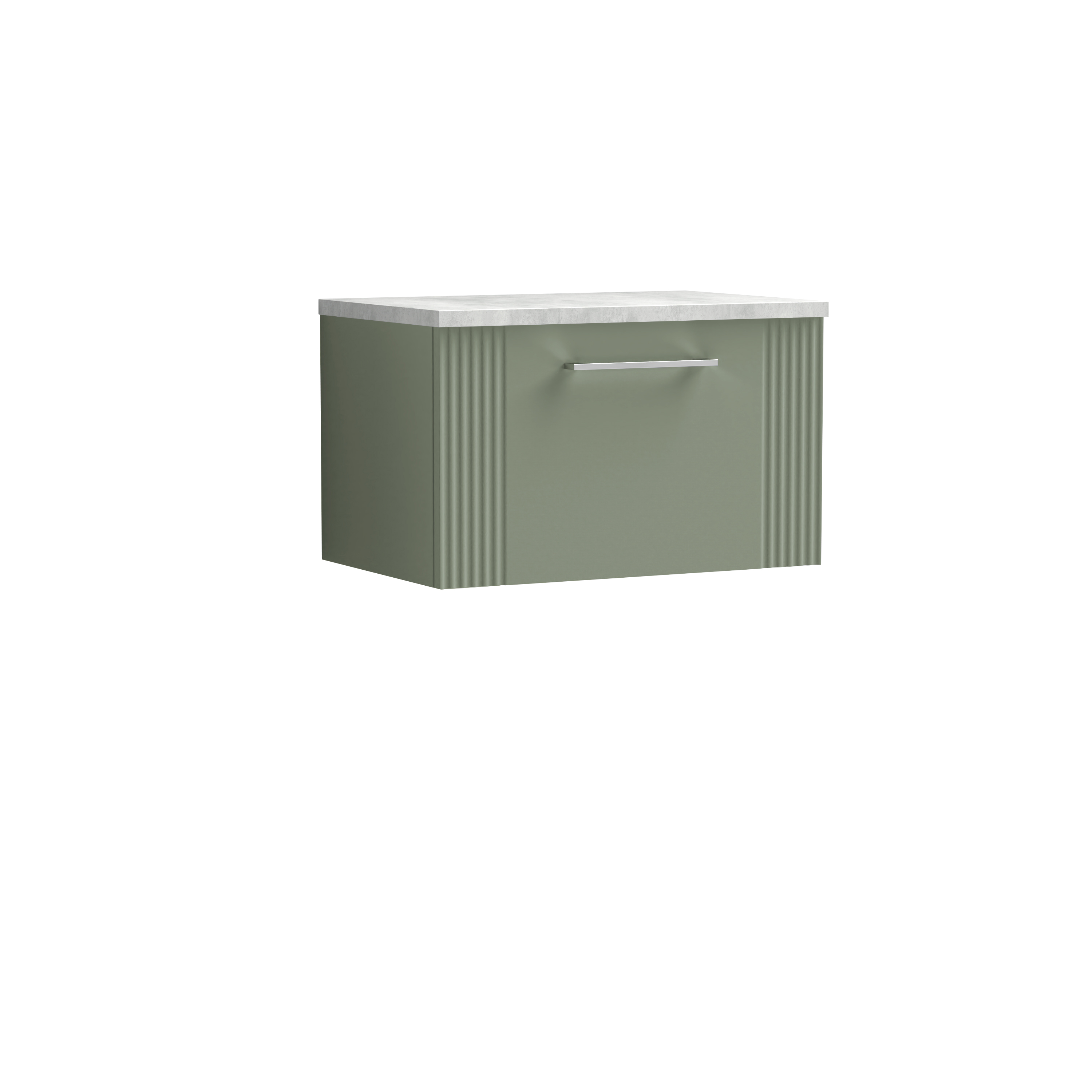 Nuie Deco Satin Green 600mm Wall Hung Single Drawer Vanity Unit and Laminate Top DPF894LBG