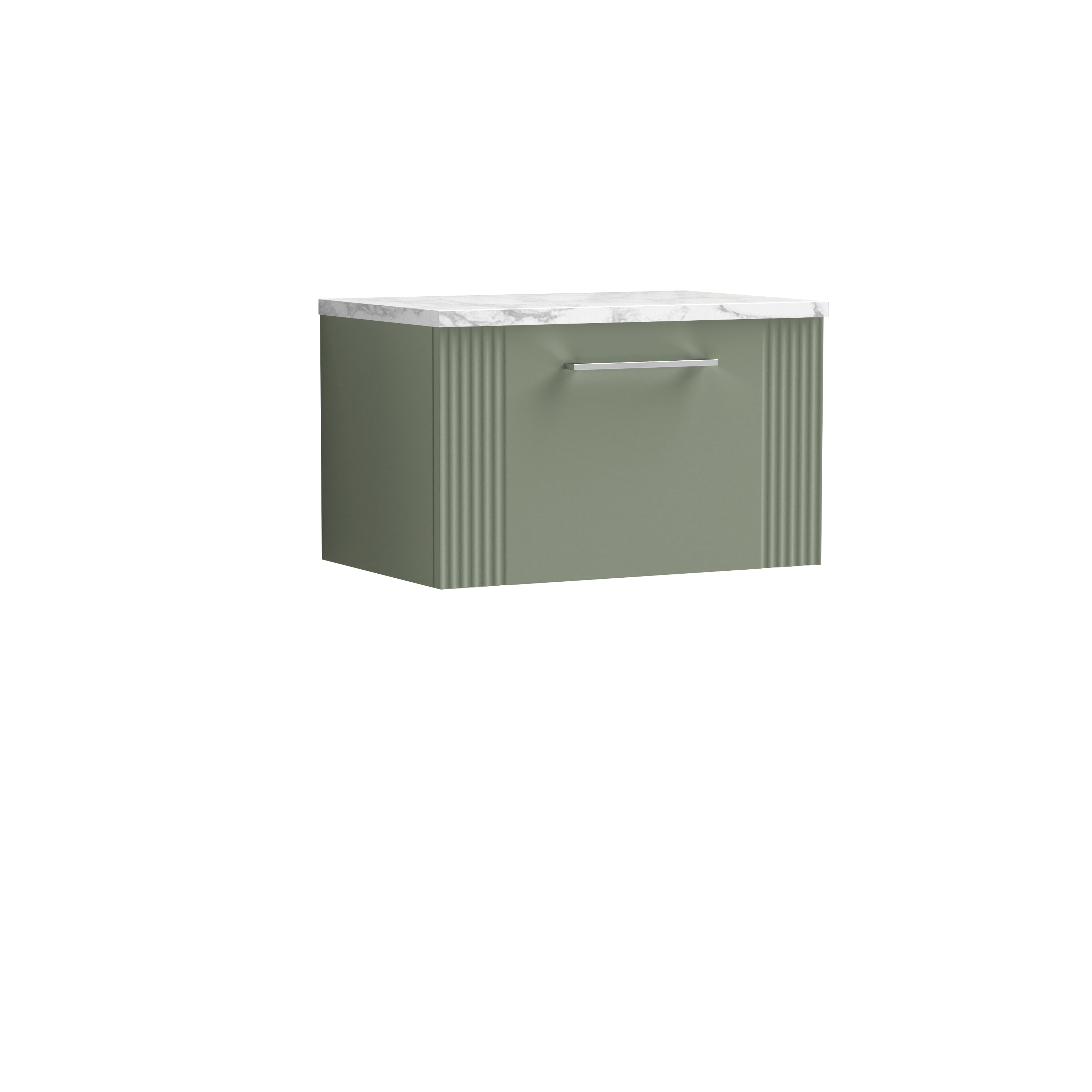 Nuie Deco Satin Green 600 Wall Hung Single Drawer Vanity Unit and Laminate Worktop DPF894LCM