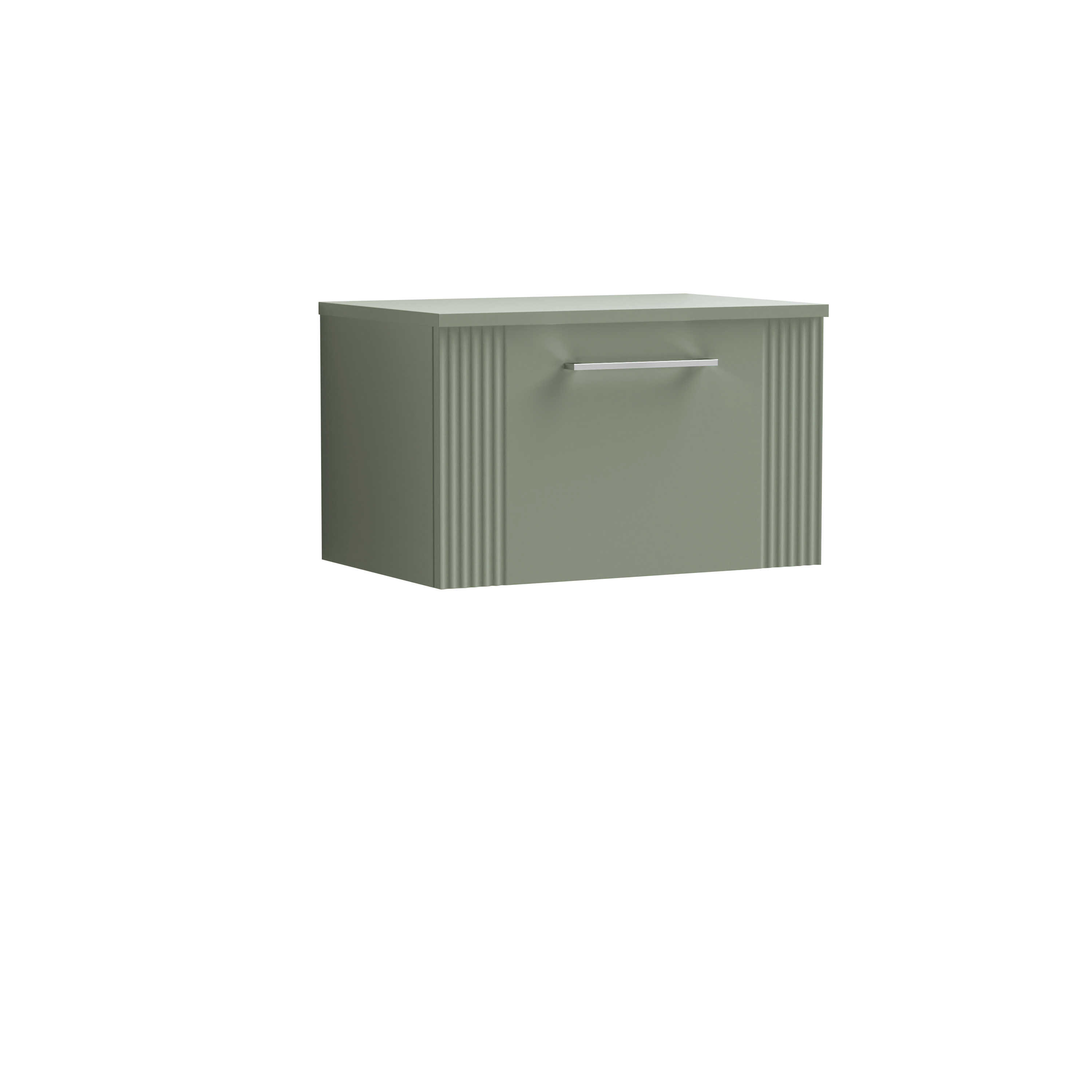 Nuie Deco Satin Green 600mm Wall Hung Single Drawer Vanity Unit and Worktop DPF894W