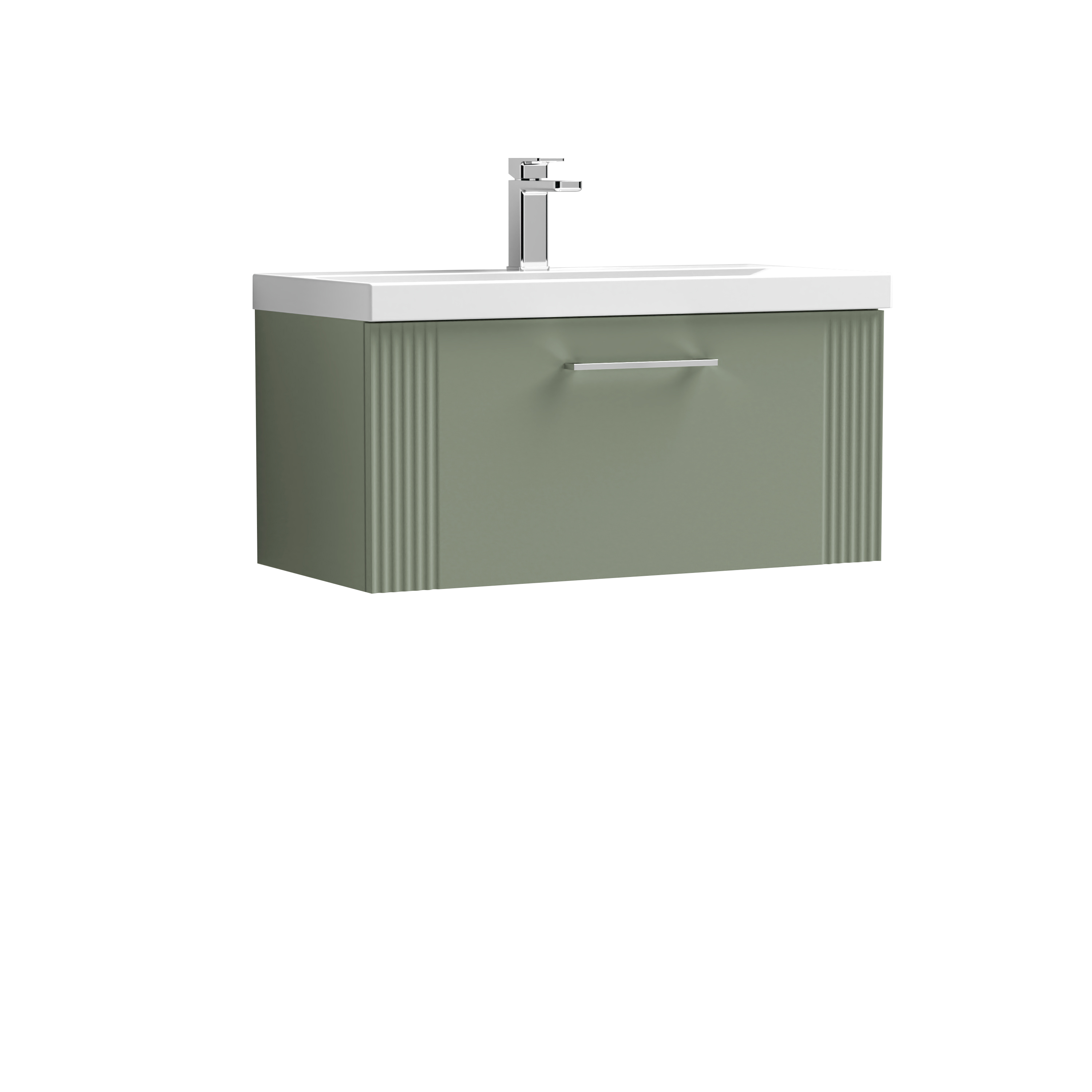 Nuie Deco Satin Green 800mm Wall Hung Single Drawer Vanity Unit and Thin Edge Basin DPF896D