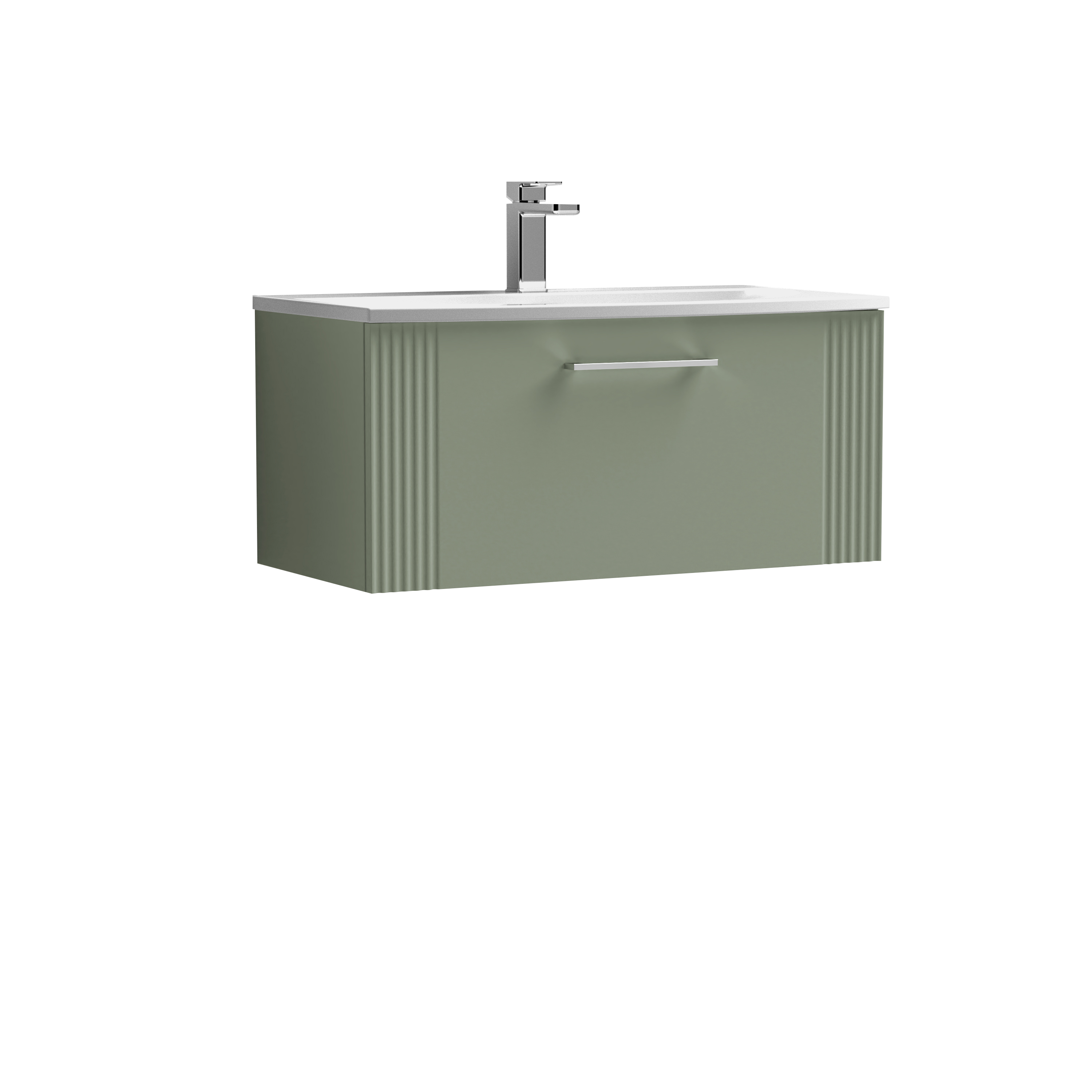 Nuie Deco Satin Green 800mm Wall Hung Single Drawer Vanity Unit and Curved Basin DPF896G