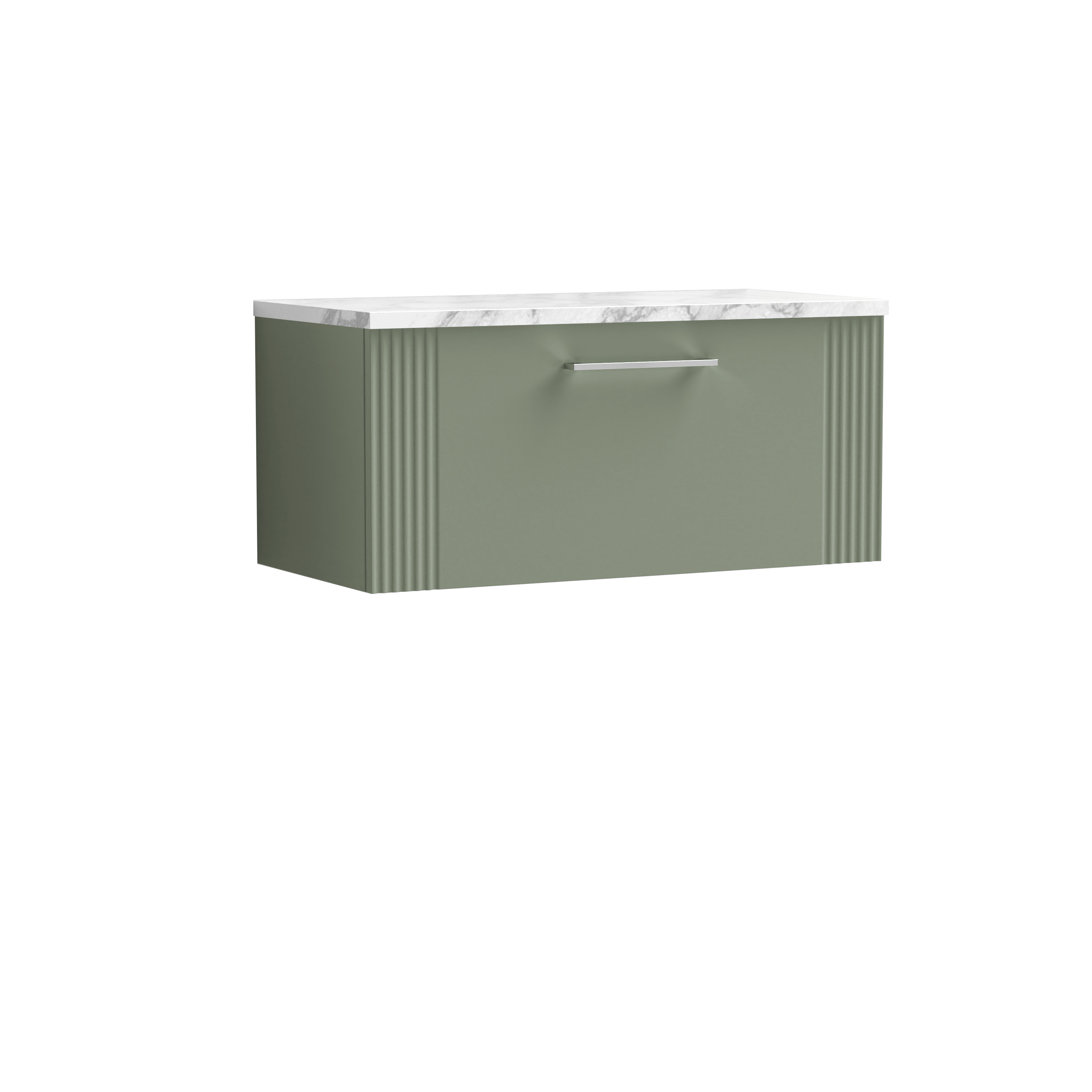 Nuie Deco Satin Green 800 Wall Hung Single Drawer Vanity Unit and Laminate Worktop DPF896LCM