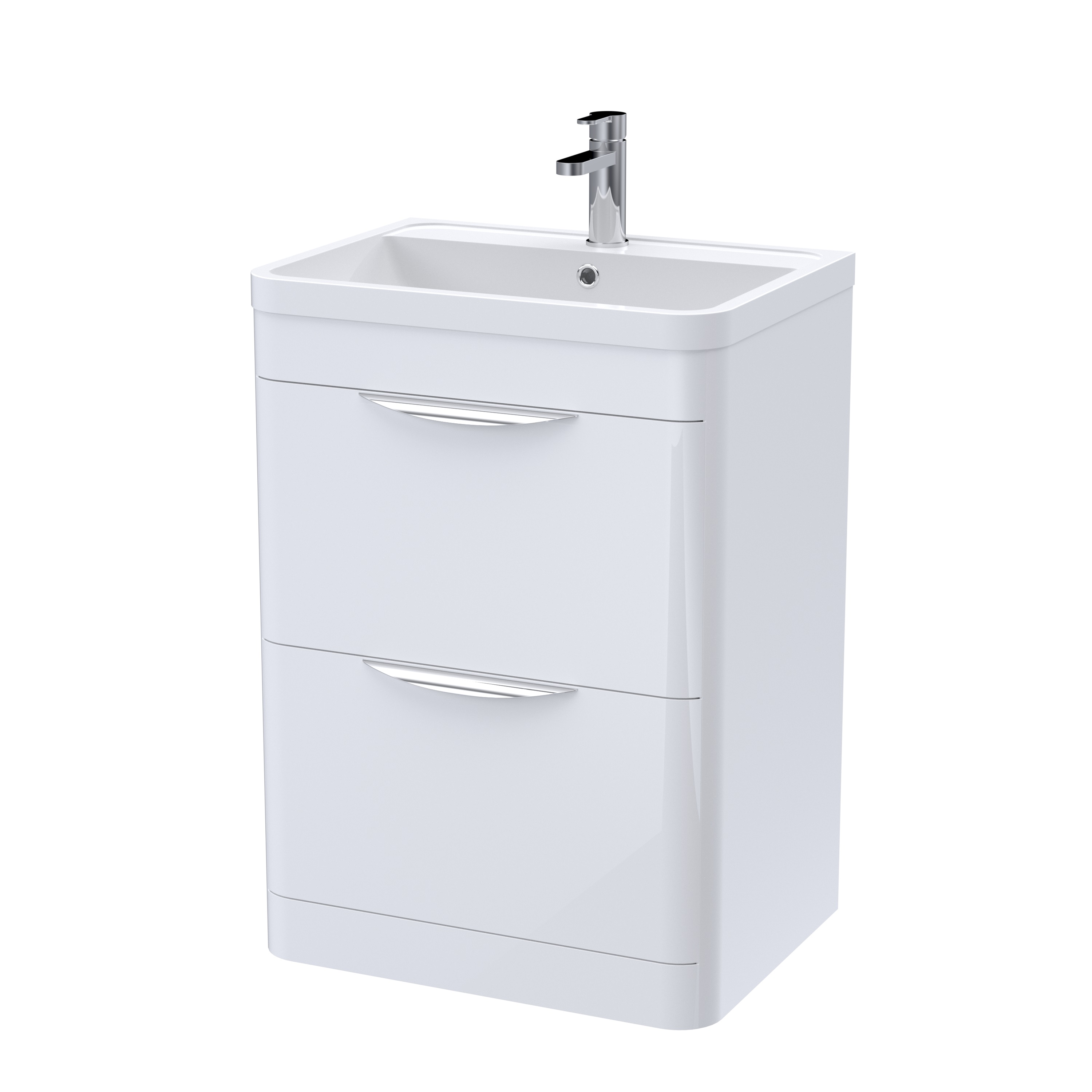 Nuie Parade Gloss White 600mm Floor Standing Vanity Unit and Polymarble Basin FPA001