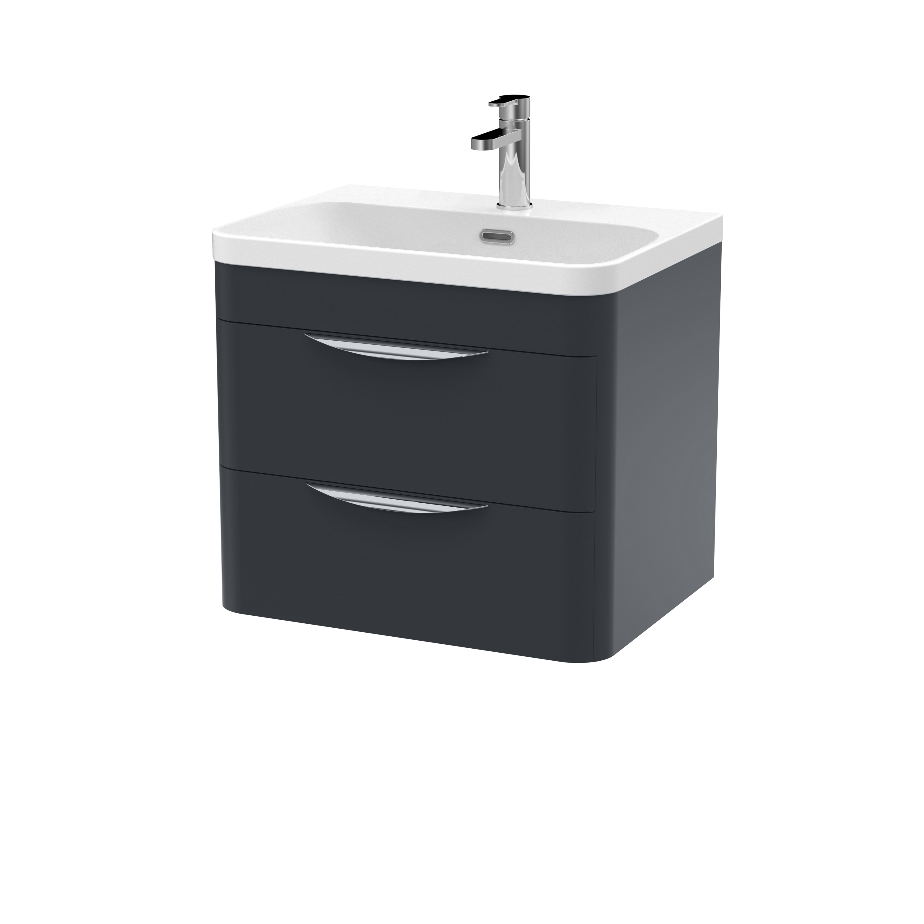 Nuie Parade Soft Black 600mm Wall Hung 2 Drawer Vanity Unit and Thin Edge Ceramic Basin FPA1402B