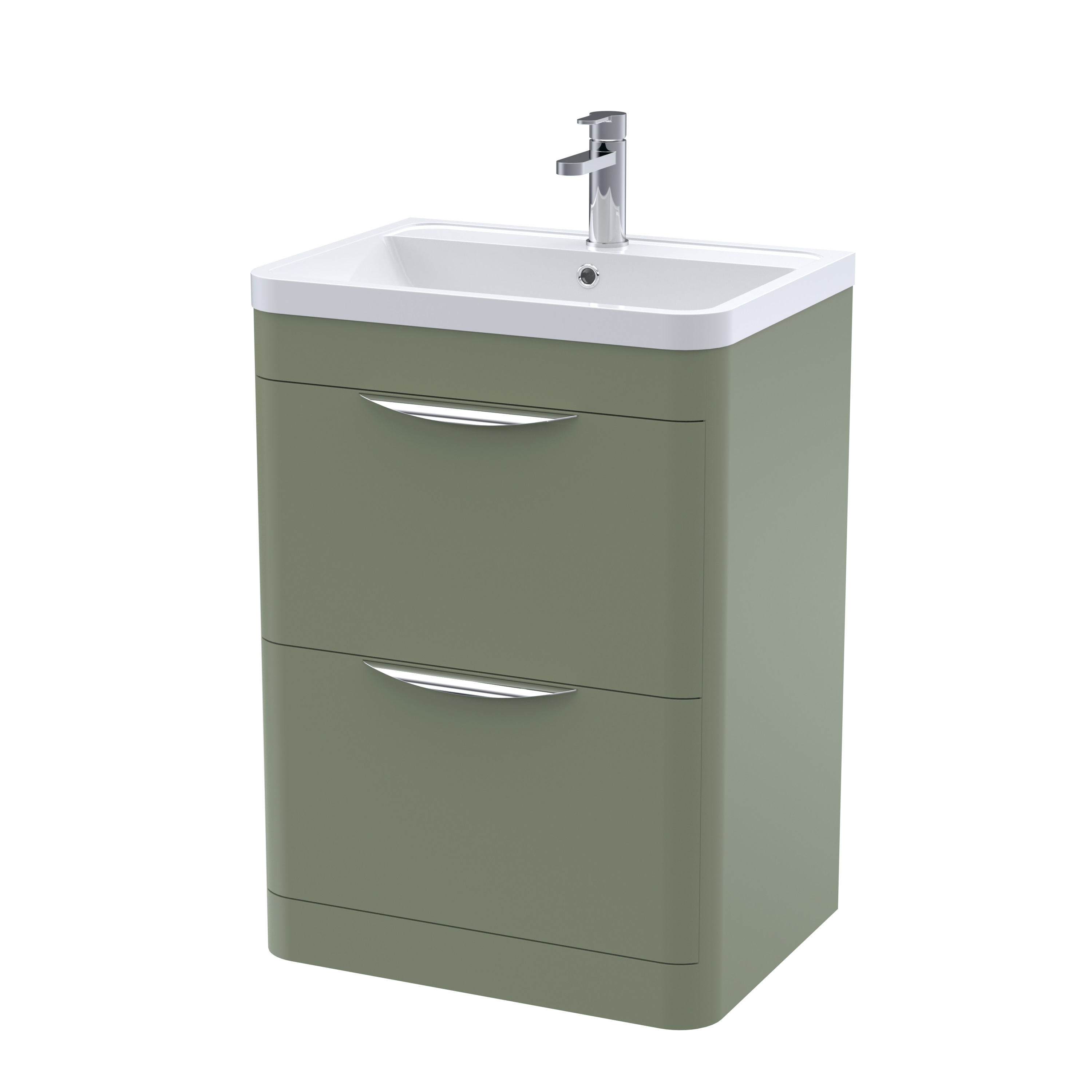 Nuie Parade Satin Green 600mm Floor Standing 2 Drawer Vanity Unit and Ceramic Basin FPA801A
