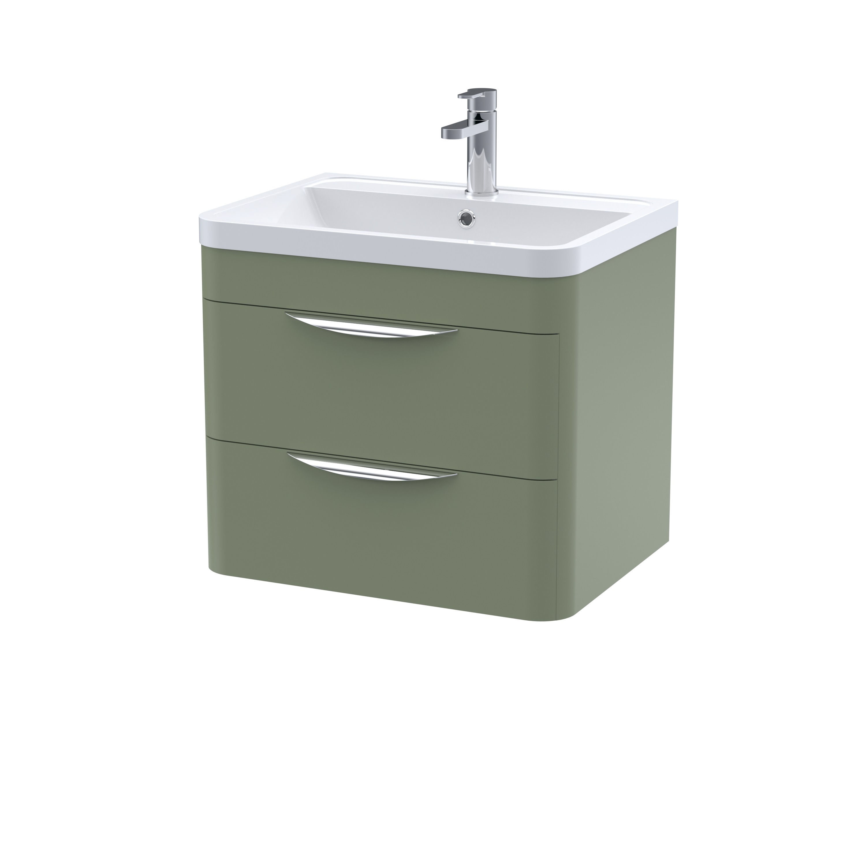 Nuie Parade Satin Green 600mm Wall Hung 2 Drawer Vanity Unit and Ceramic Basin FPA802A