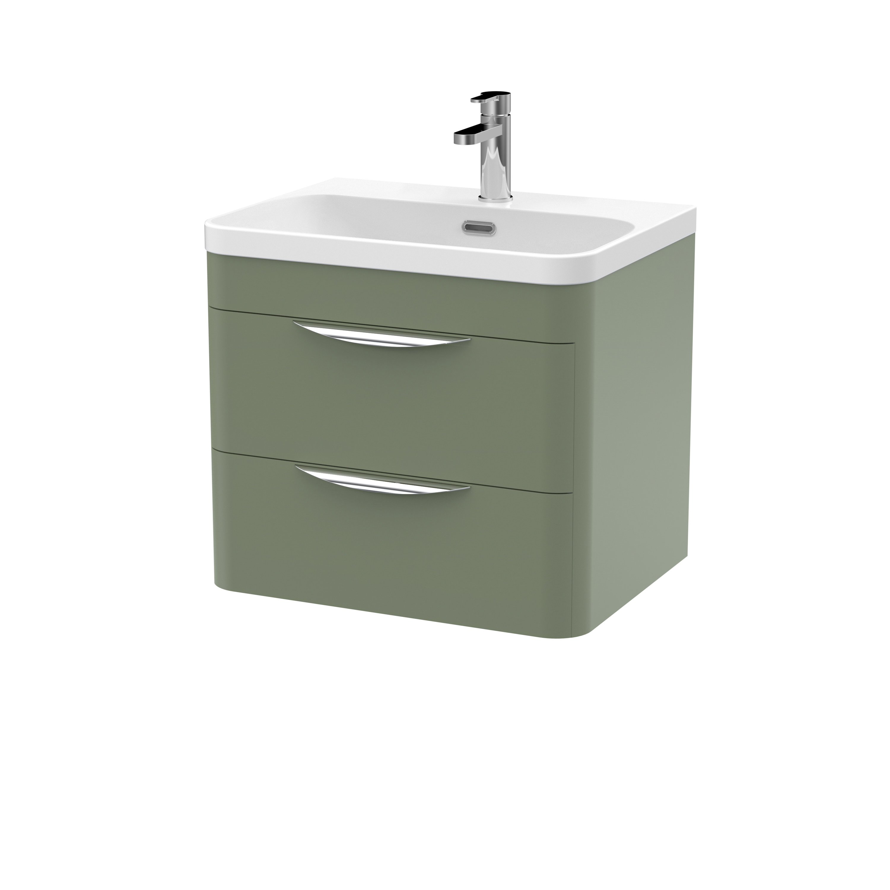 Nuie Parade Satin Green 600mm Wall Hung 2 Drawer Vanity Unit and Thin Edge Ceramic Basin FPA802B