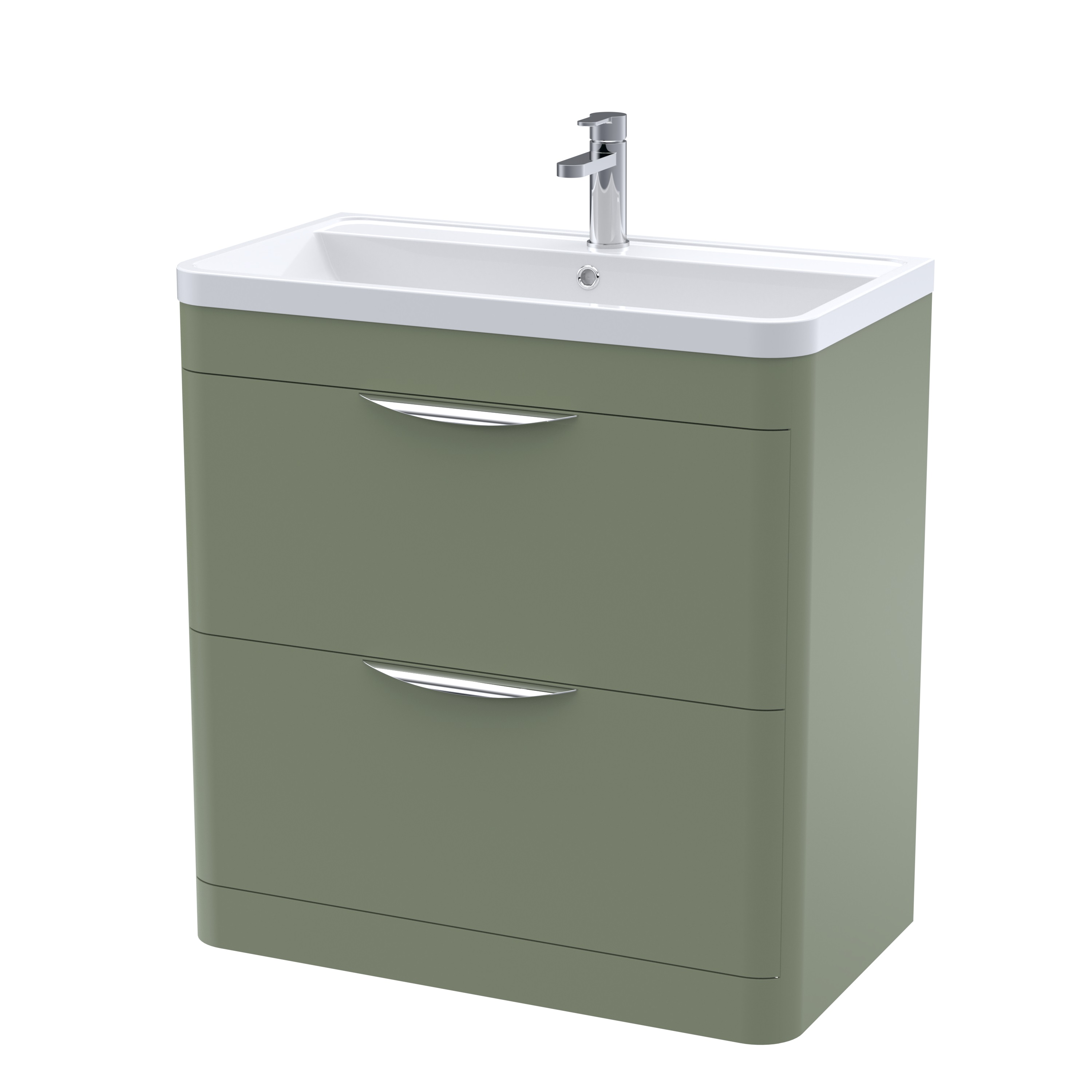 Nuie Parade Satin Green 800mm Floor Standing 2 Drawer Vanity Unit and Polymarble Basin FPA804
