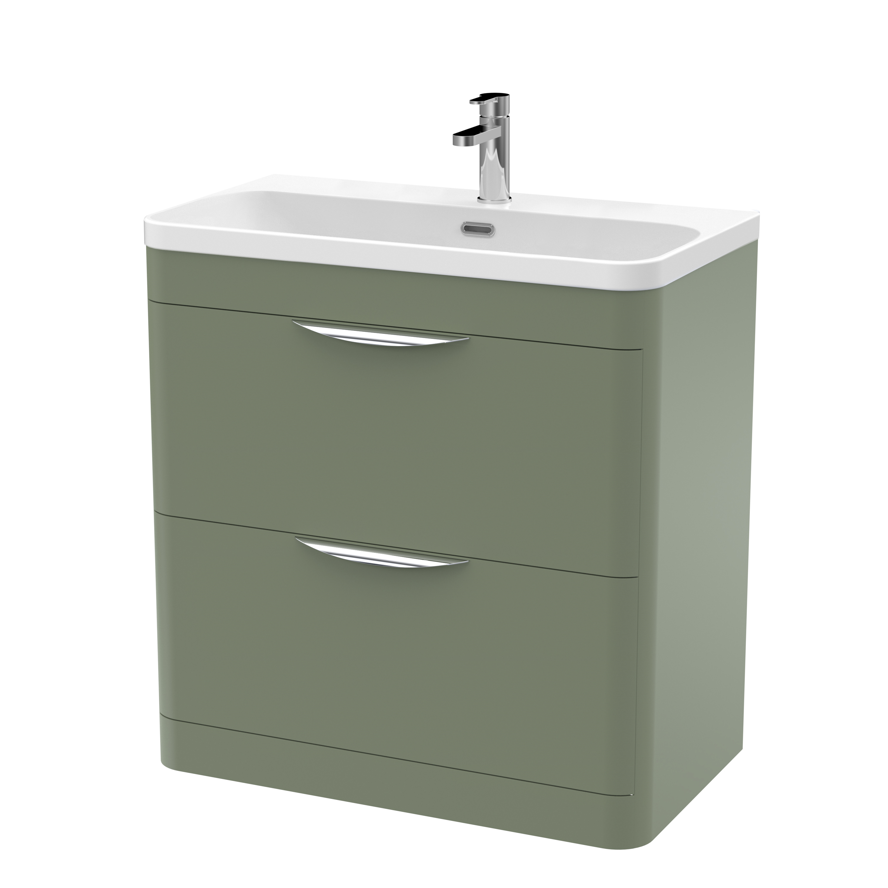 Nuie Parade Satin Green 800mm Floor Standing 2 Drawer Vanity Unit and Thin Edge Ceramic Basin FPA804B