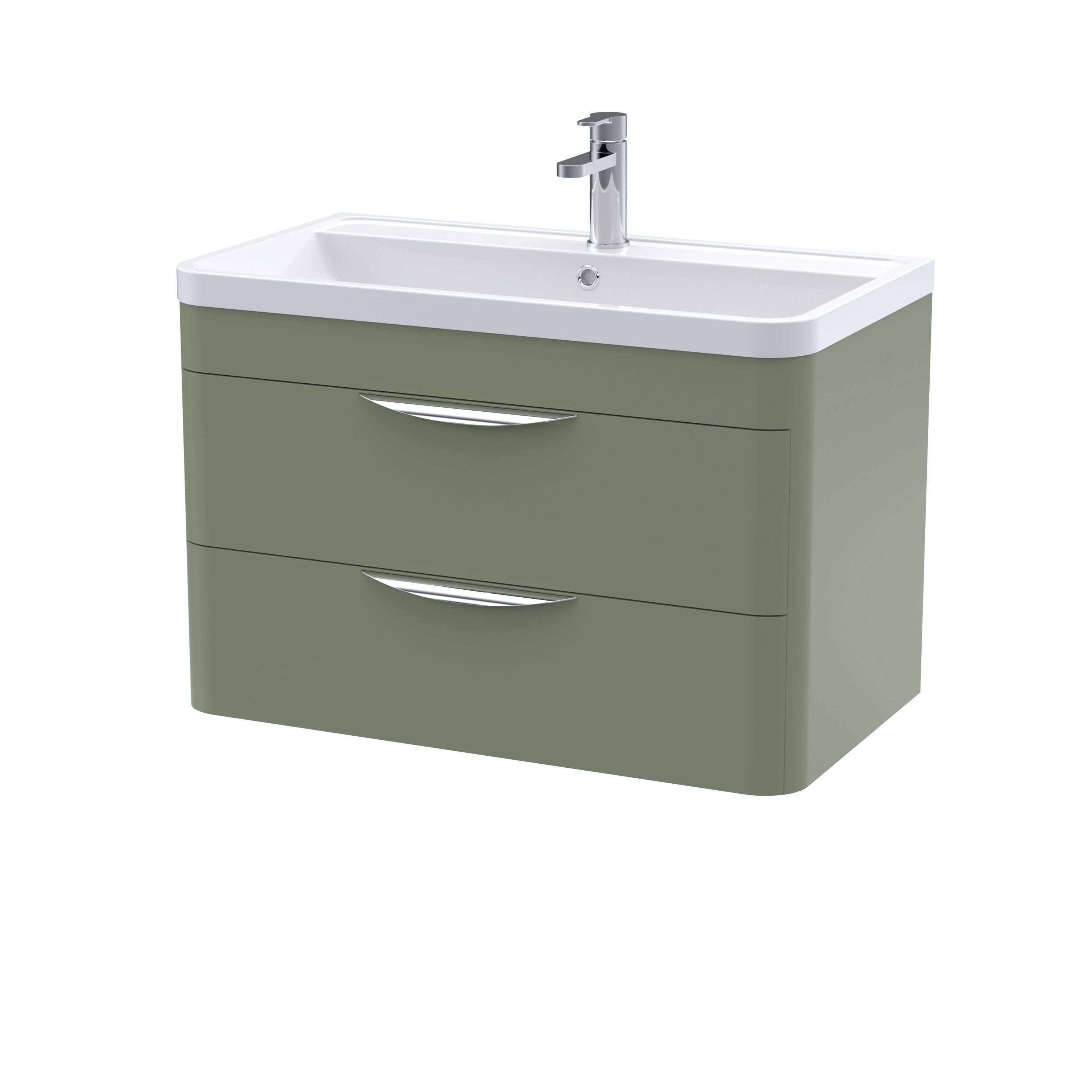 Nuie Parade Satin Green 800mm Wall Hung 2 Drawer Vanity Unit and Ceramic Basin FPA805A