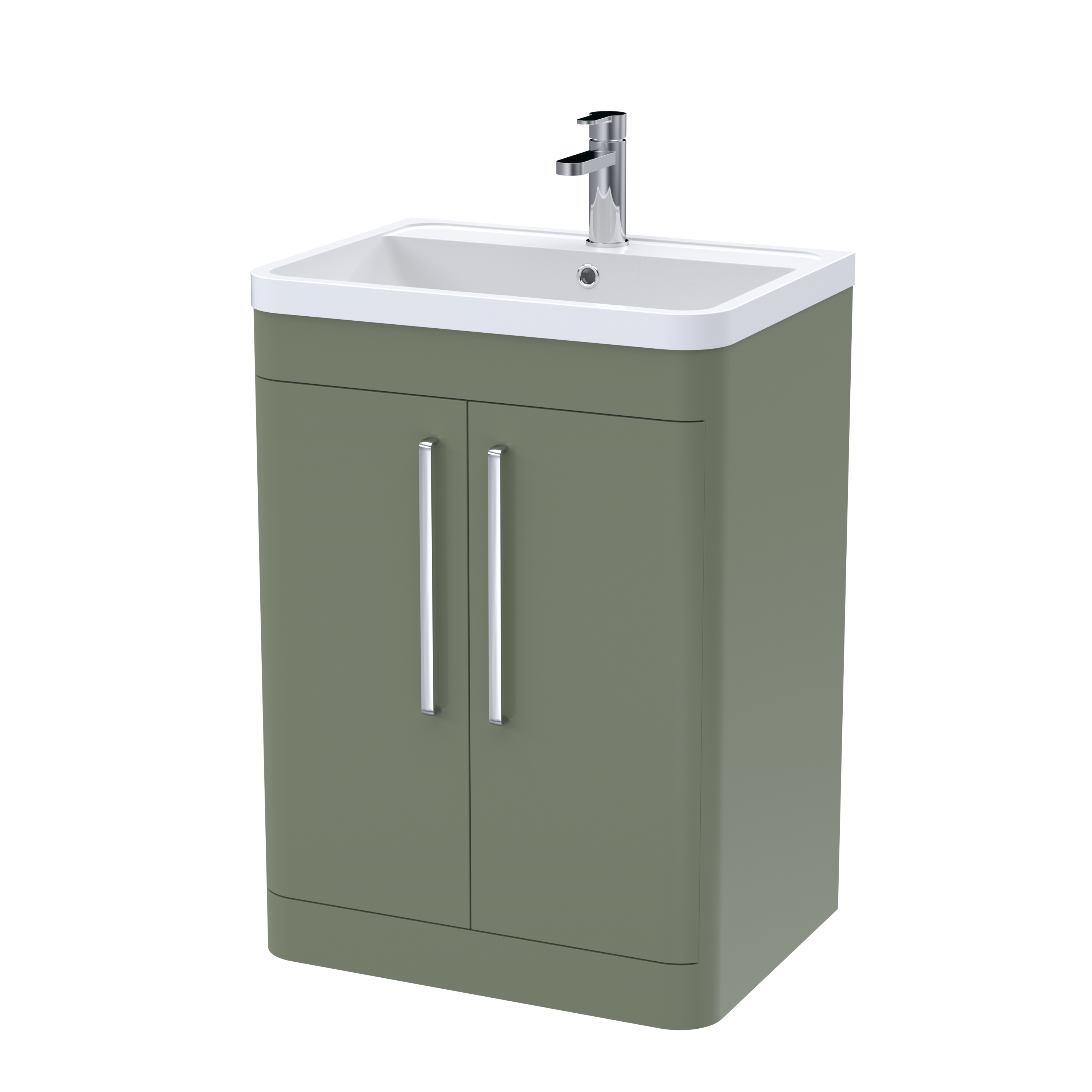 Nuie Parade Satin Green 600mm Floor Standing 2 Door Vanity Unit and Polymarble Basin FPA810
