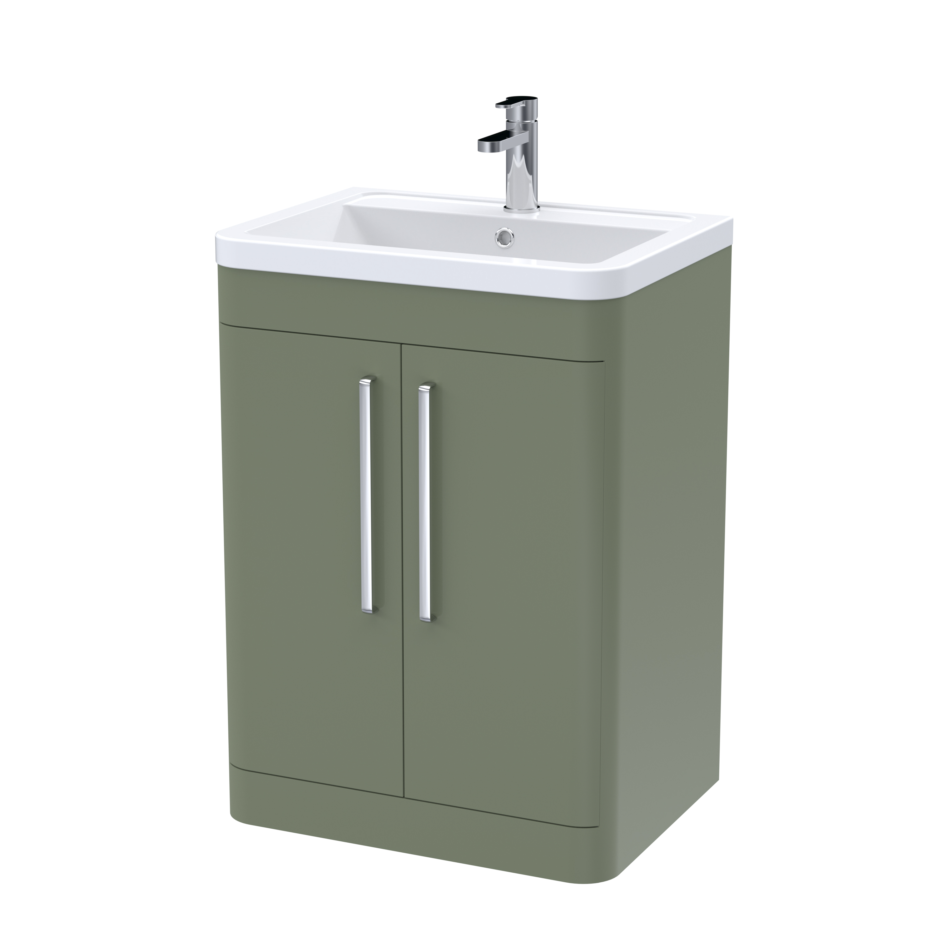 Nuie Parade Satin Green 600mm Floor Standing 2 Door Vanity Unit and Ceramic Basin FPA810A