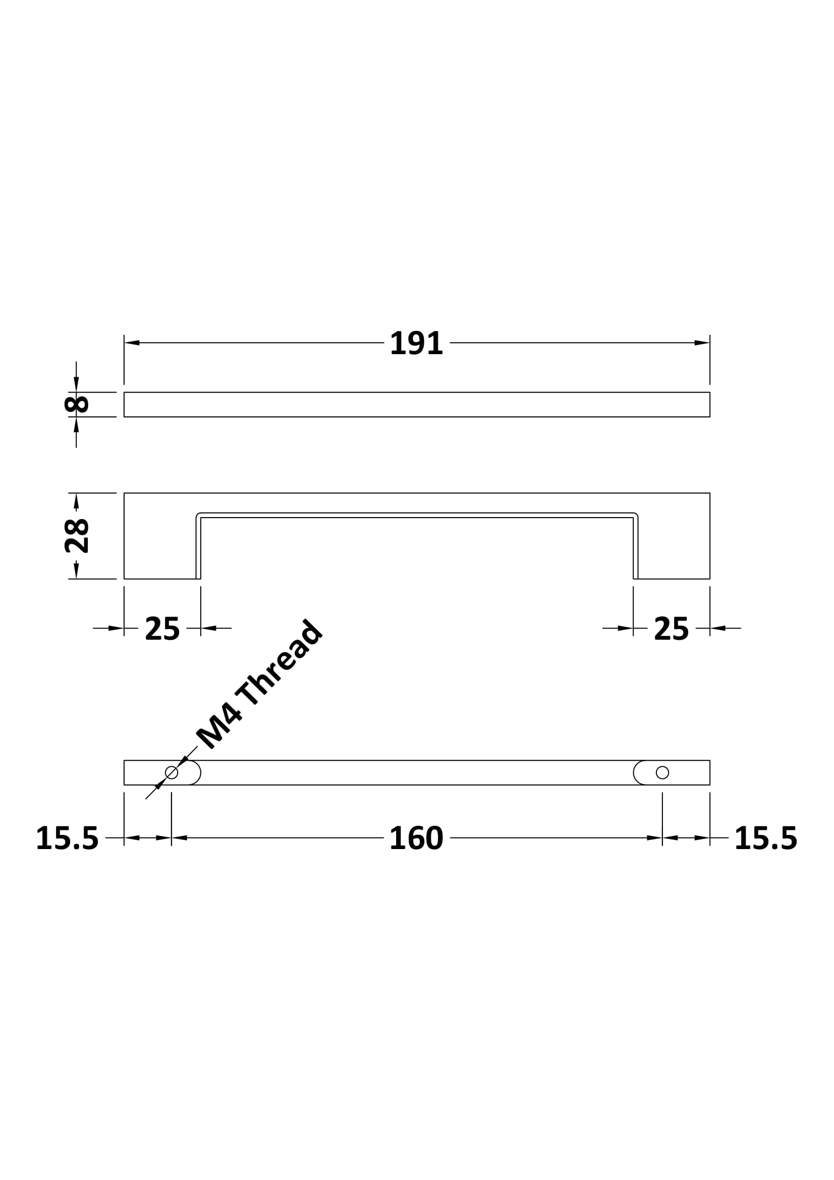Furniture Handle Square D Shape Handle, 191mm (160mm Centres) - Multiple Colours - Picture 9 of 9