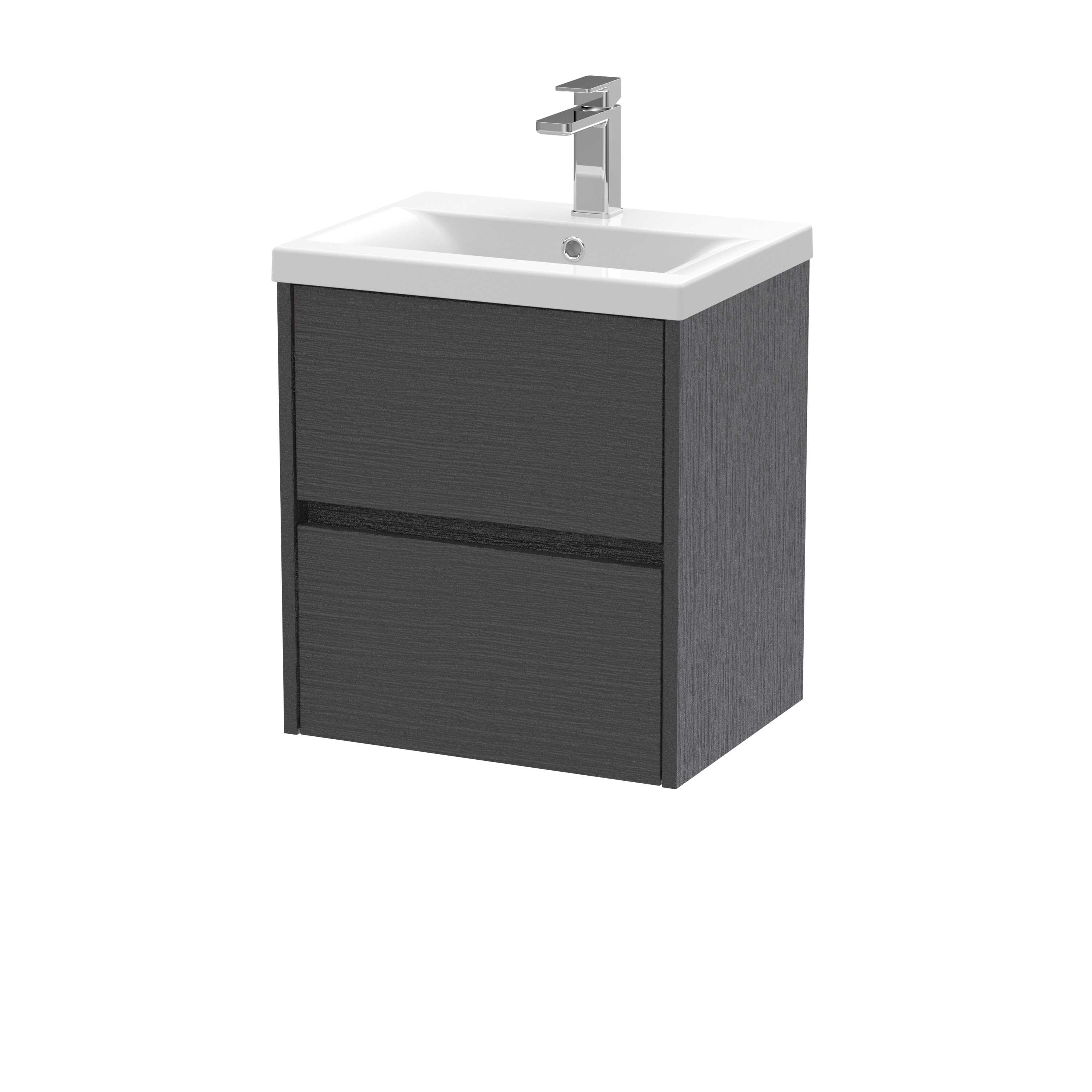 Nuie Havana Graphite Grey Woodgrain 500mm Wall Hung 2 Drawer Unit and Mid Edge Basin HAV2202A