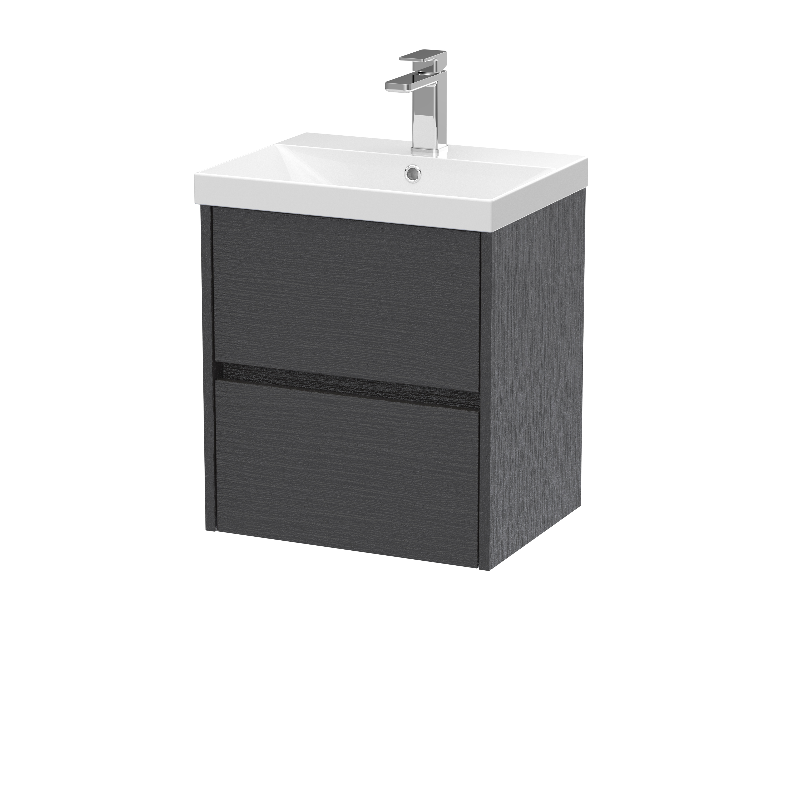 Nuie Havana Graphite Grey Woodgrain 500mm Wall Hung 2 Drawer Unit and Thin Edge Basin HAV2202D