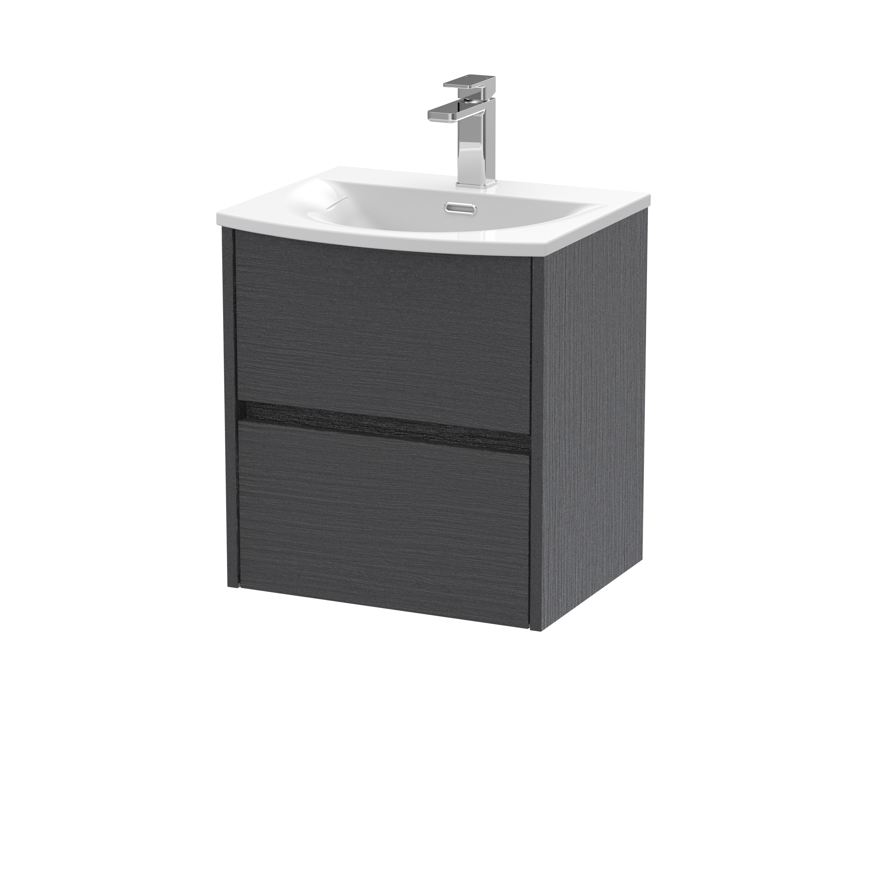 Nuie Havana Graphite Grey Woodgrain 500mm Wall Hung 2 Drawer Unit and Curved Basin HAV2202G