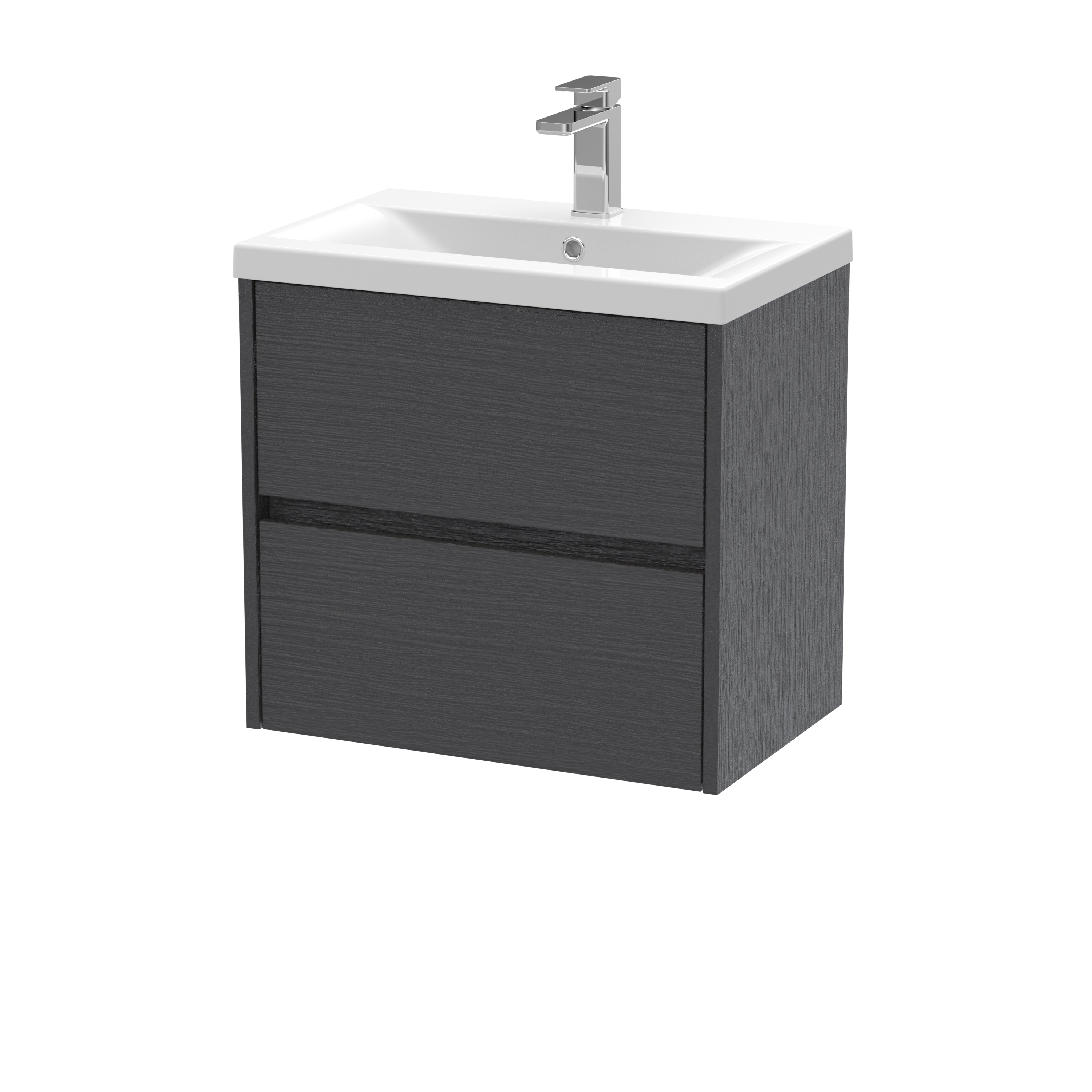 Nuie Havana Graphite Grey Woodgrain 600mm Wall Hung 2 Drawer Unit and Mid Edge Basin HAV2204A