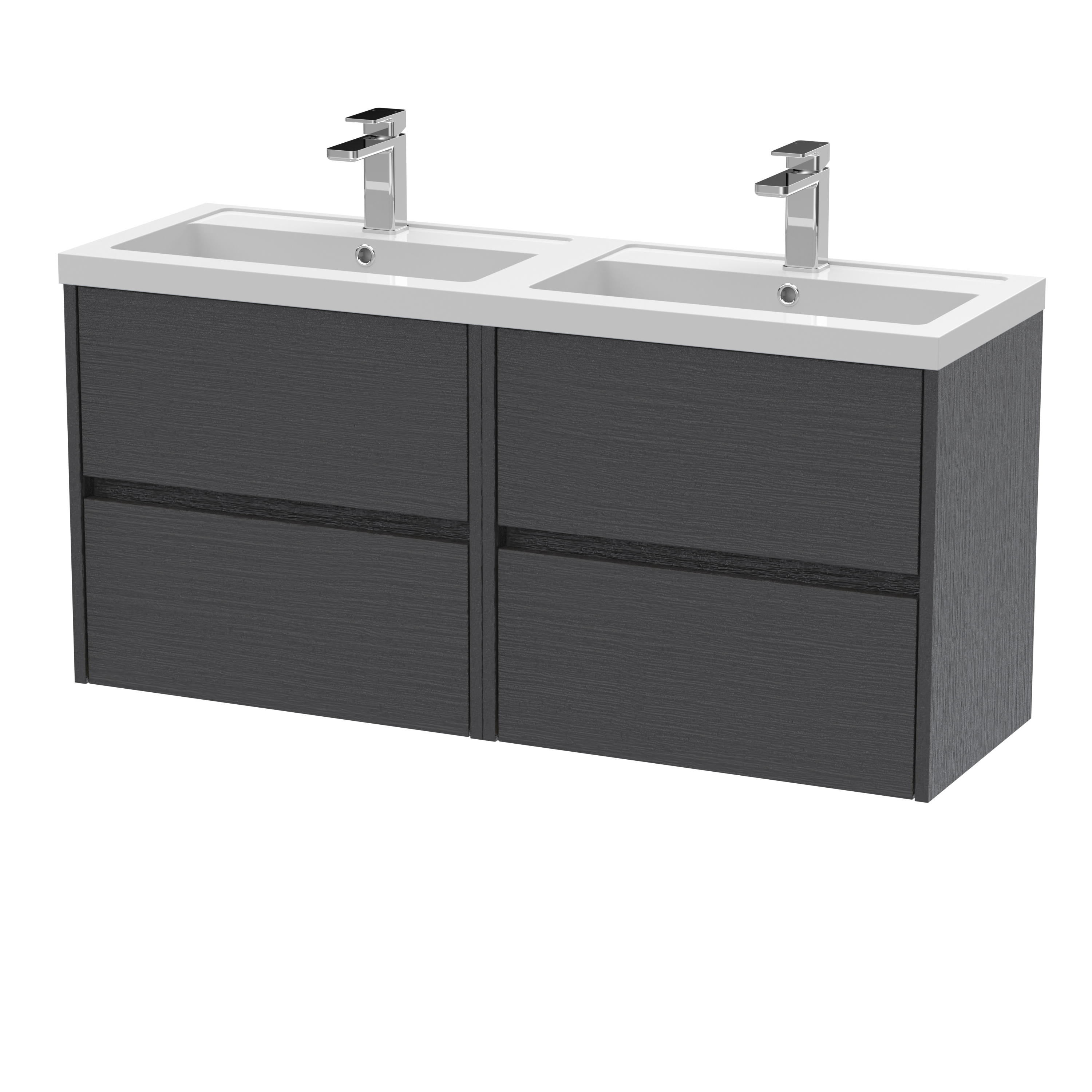 Nuie Havana Graphite Grey Woodgrain 1200mm Wall Hung 4 Drawer Unit and Double Basin HAV2204C