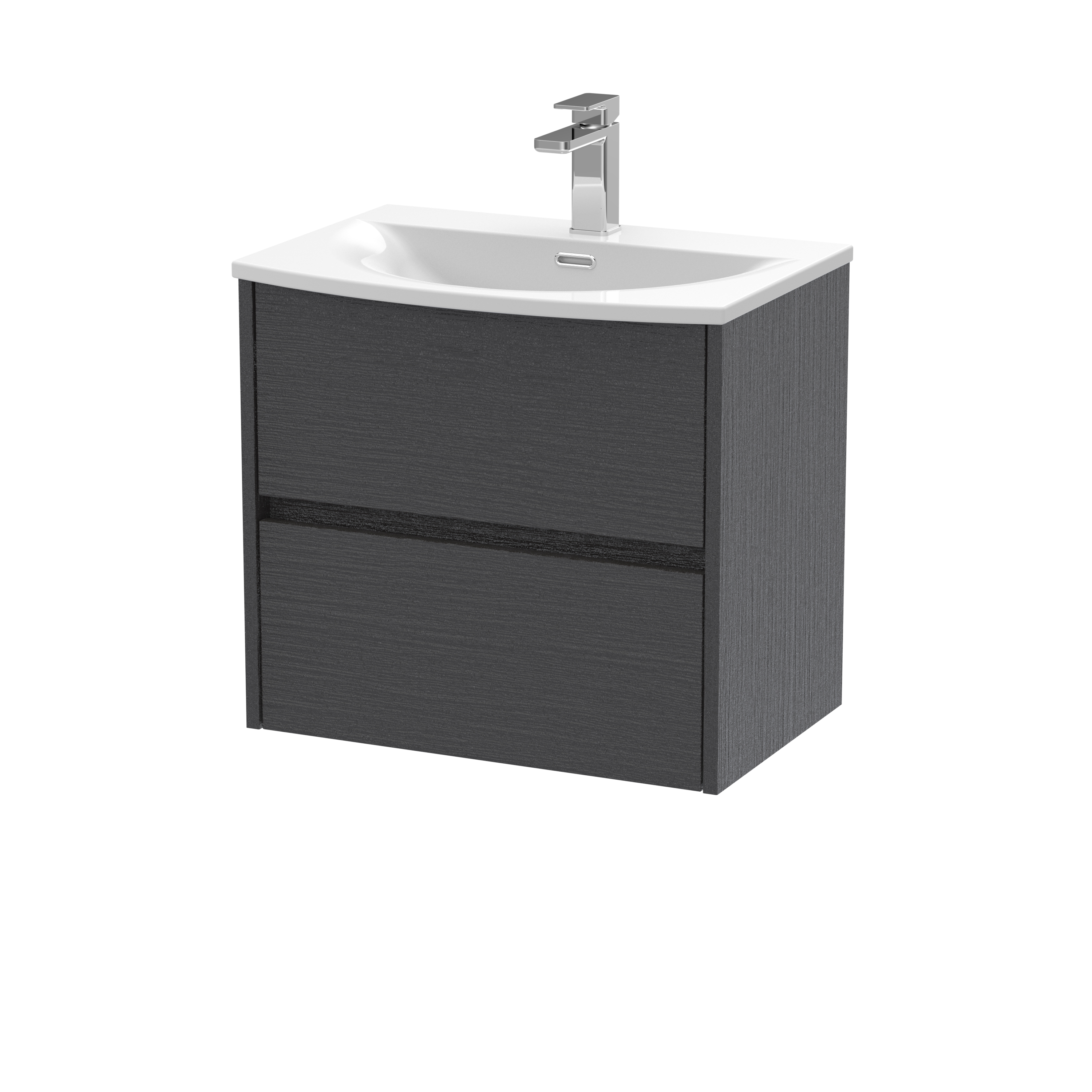Nuie Havana Graphite Grey Woodgrain 600mm Wall Hung 2 Drawer Unit and Curved Basin HAV2204G