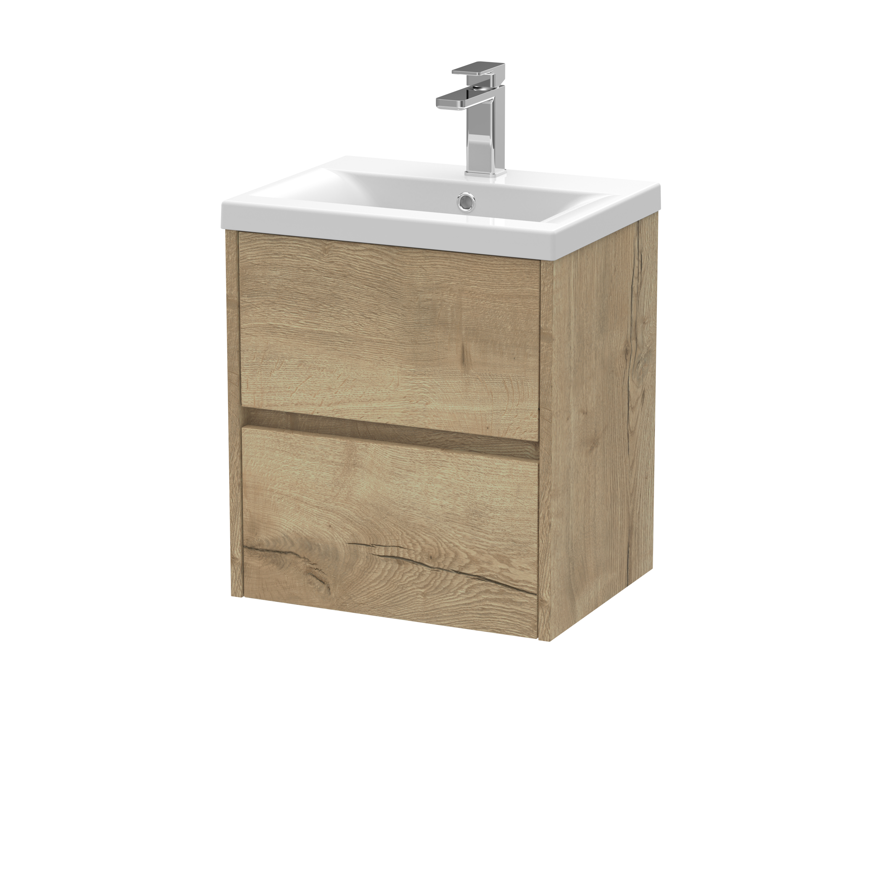 Nuie Havana Autumn Oak 500mm Wall Hung 2 Drawer Unit and Mid Edge Basin HAV802A