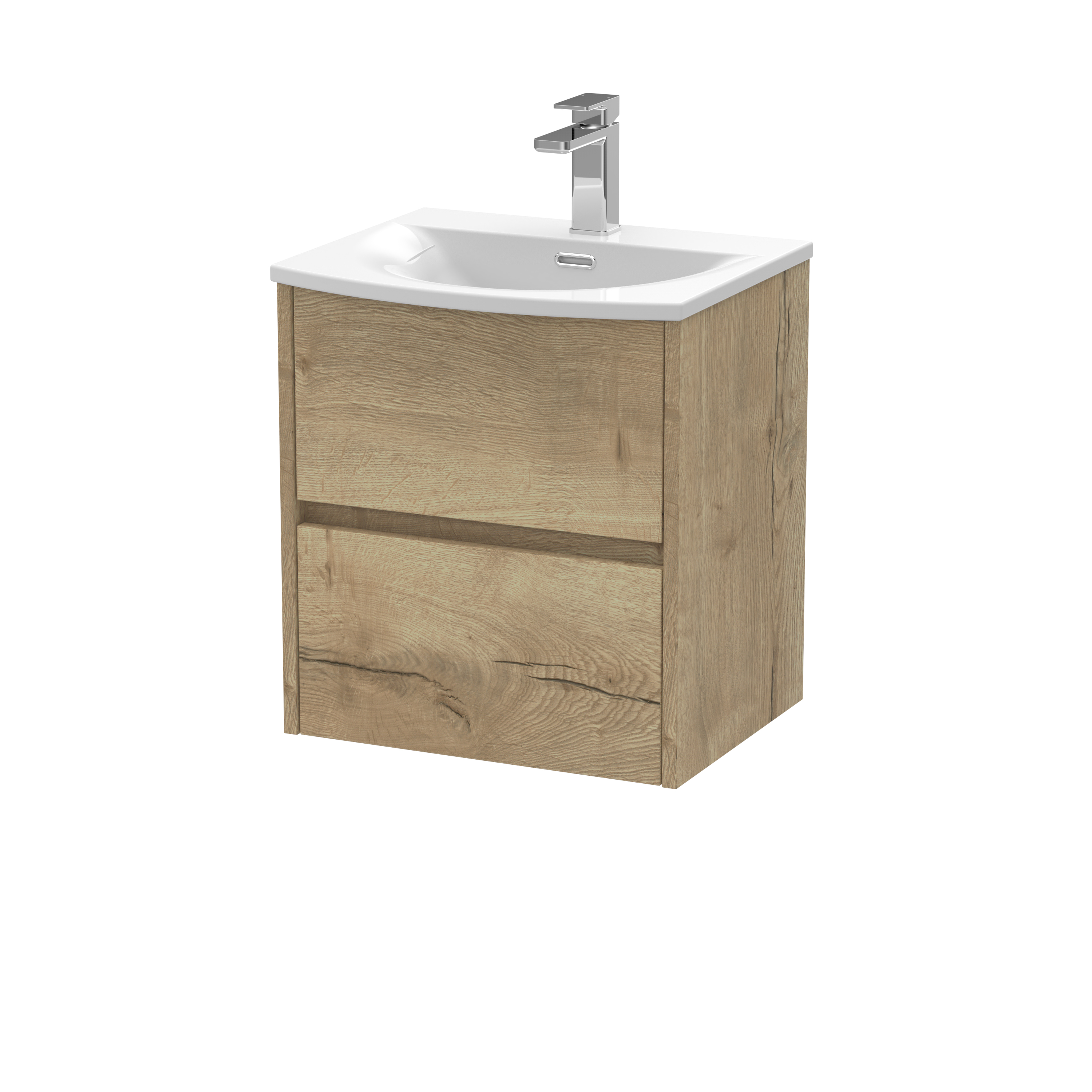Nuie Havana Autumn Oak 500mm Wall Hung 2 Drawer Unit and Curved Basin HAV802G