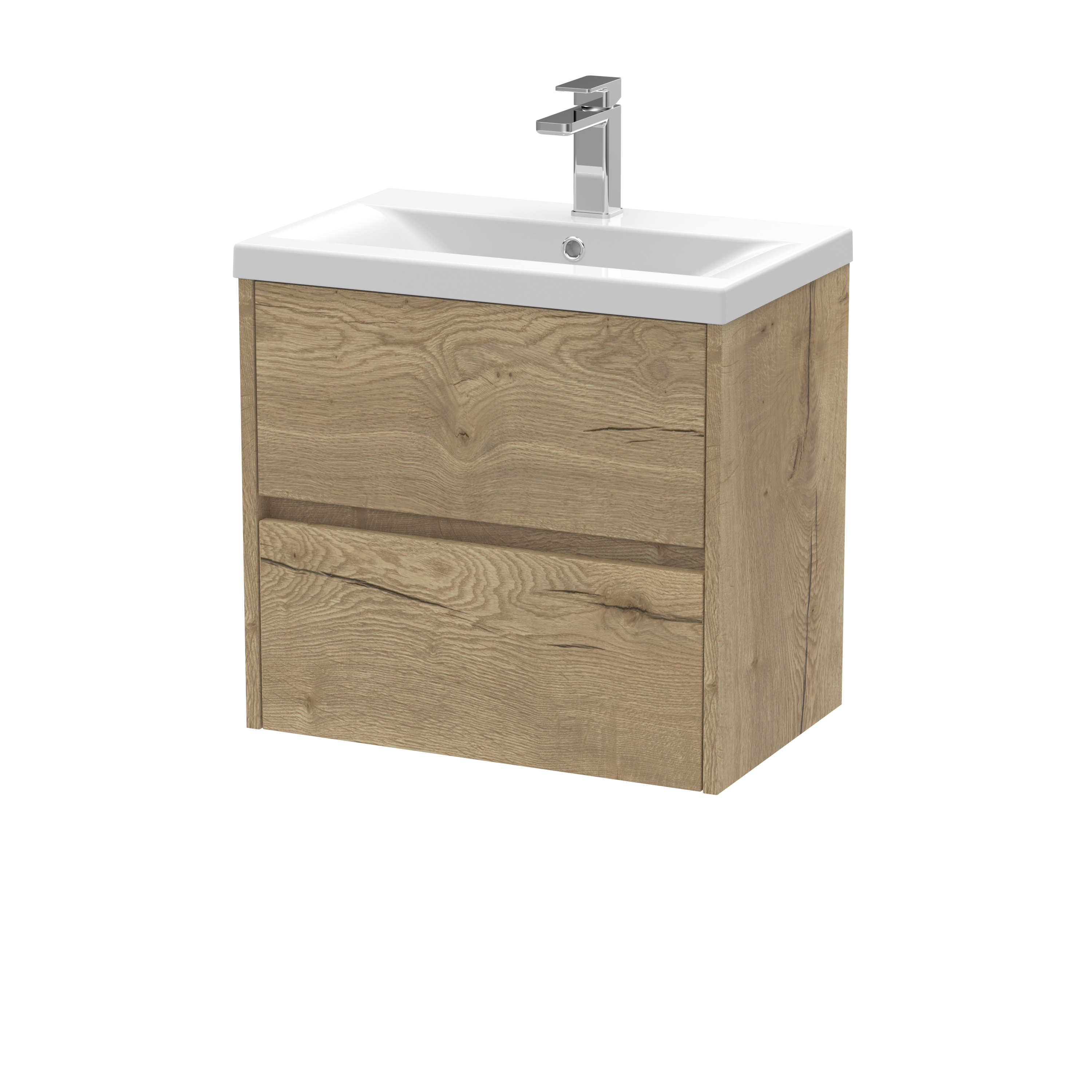 Nuie Havana Autumn Oak 600mm Wall Hung 2 Drawer Unit and Mid Edge Basin HAV804A