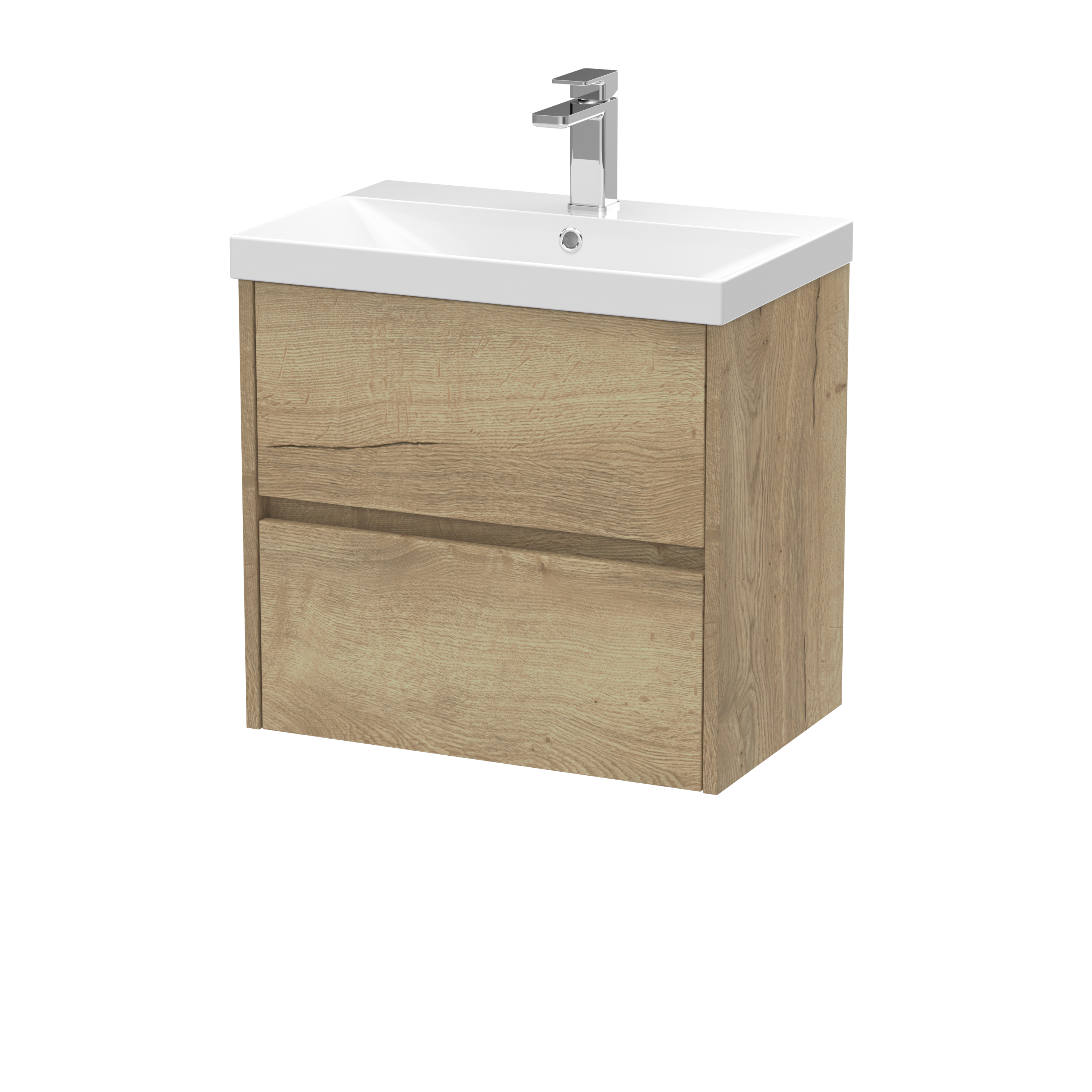 Nuie Havana Autumn Oak 600mm Wall Hung 2 Drawer Unit and Thin Edge Basin HAV804D