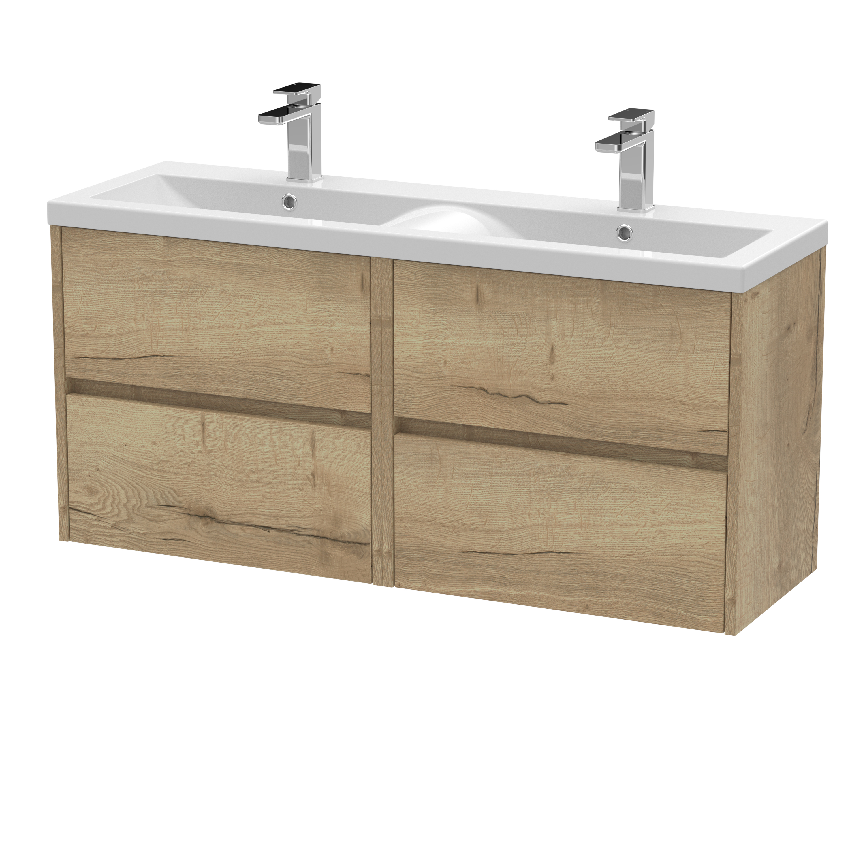 Nuie Havana Autumn Oak 1200mm Wall Hung 4 Drawer Unit and Double Basin HAV804F