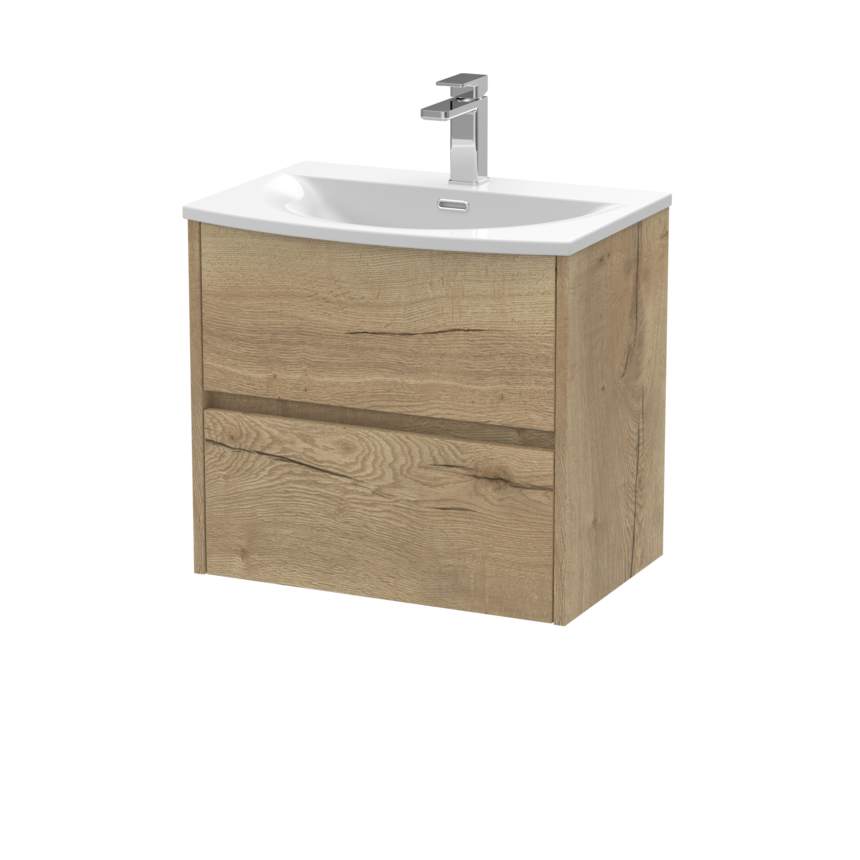 Nuie Havana Autumn Oak 600mm Wall Hung 2 Drawer Unit and Curved Basin HAV804G