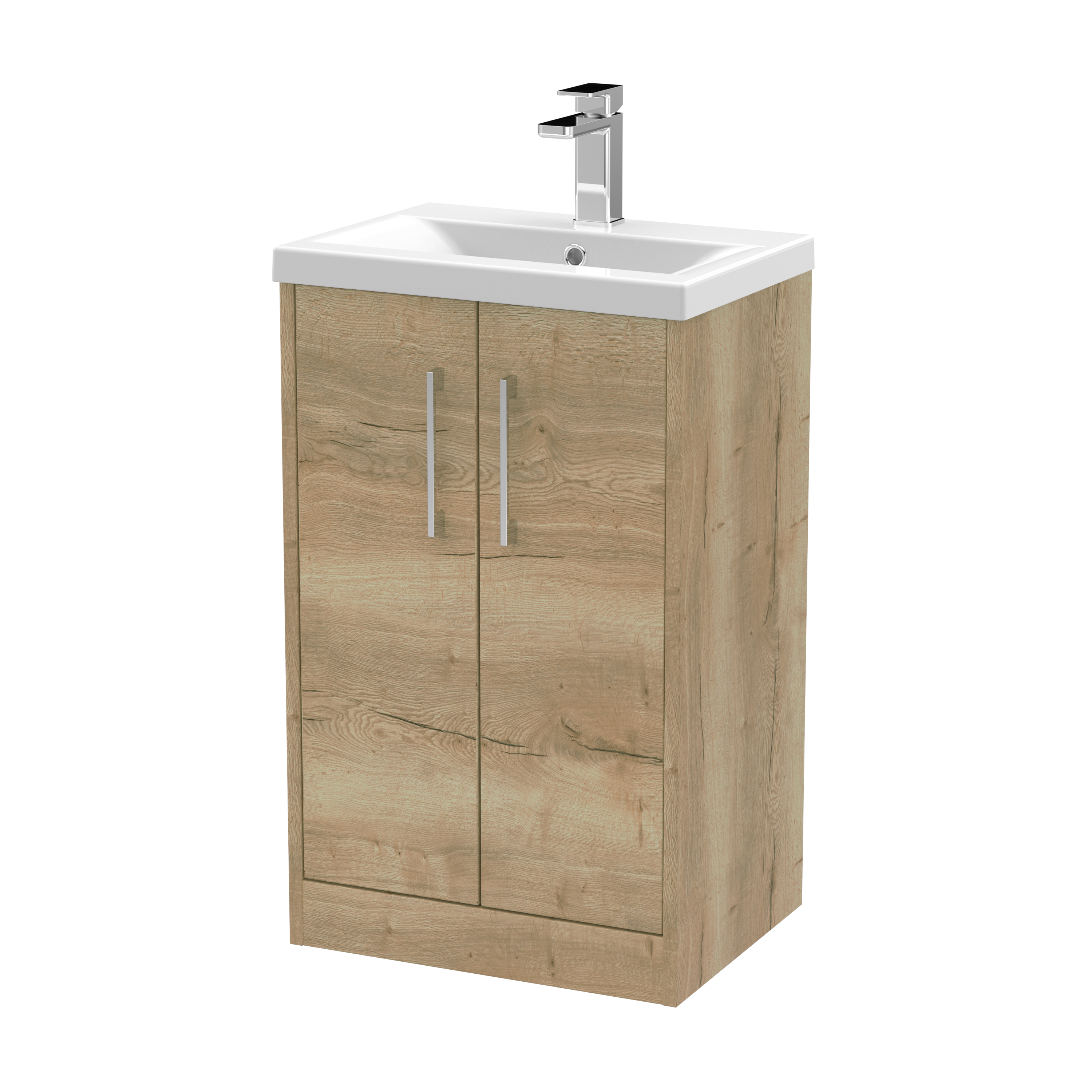 Hudson Reed Juno Autumn Oak 500mm Floor Standing 2 Door Vanity Unit and Mid Edge Ceramic Basin JNU1801A