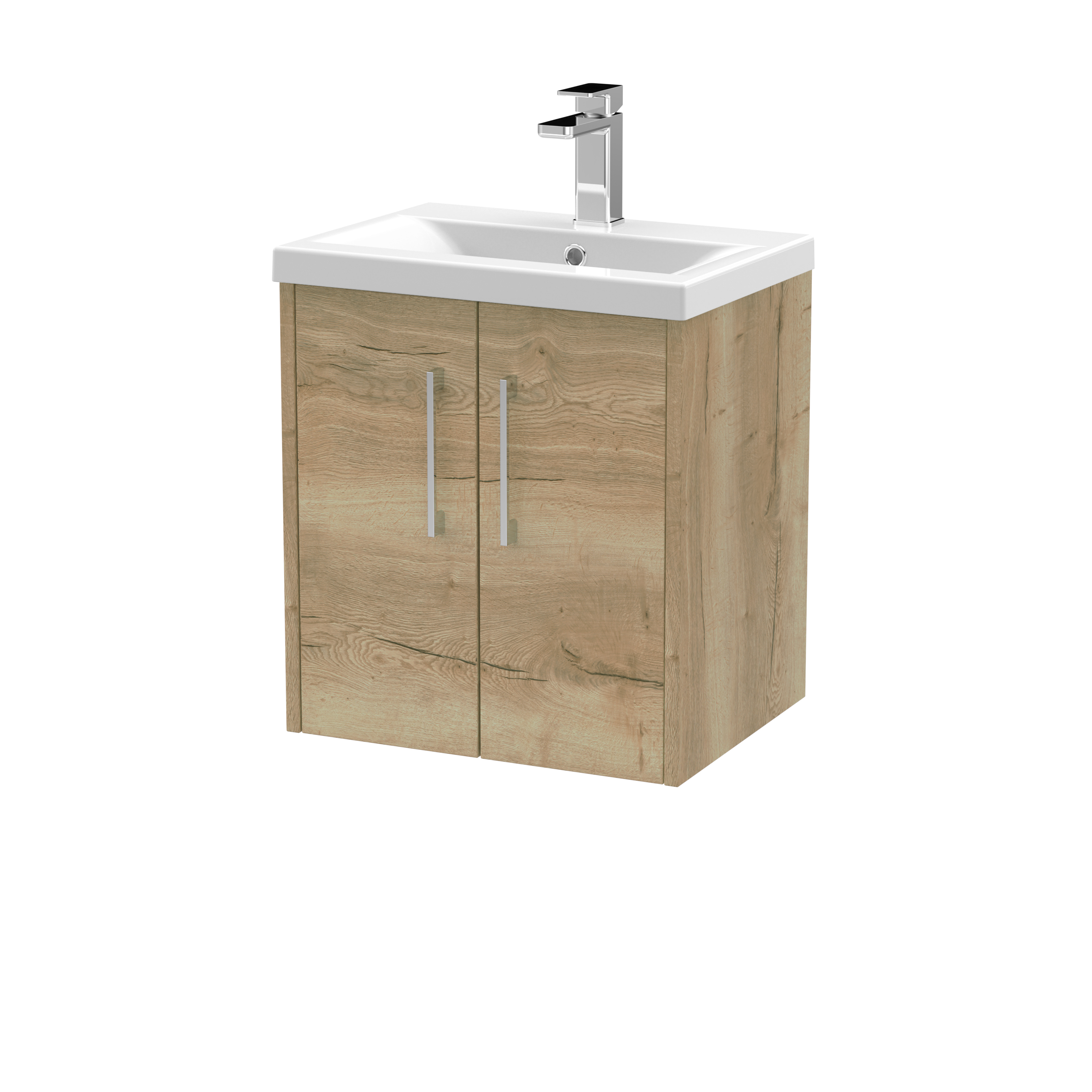 Hudson Reed Juno Autumn Oak 500mm Wall Hung 2 Door Vanity Unit and Mid Edge Ceramic Basin JNU1821A