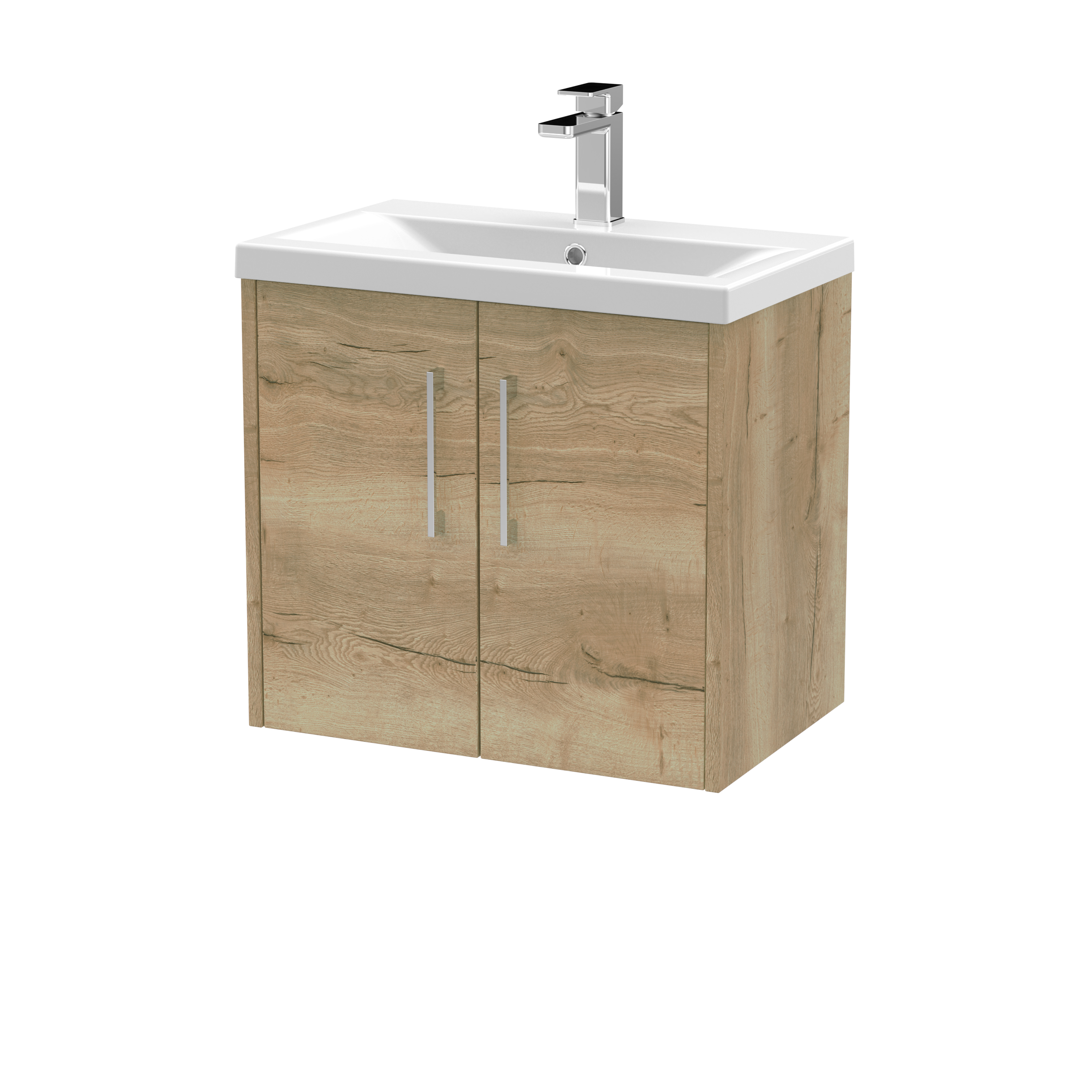 Hudson Reed Juno Autumn Oak 600mm Wall Hung 2 Door Vanity Unit and Mid Edge Ceramic Basin JNU1823A
