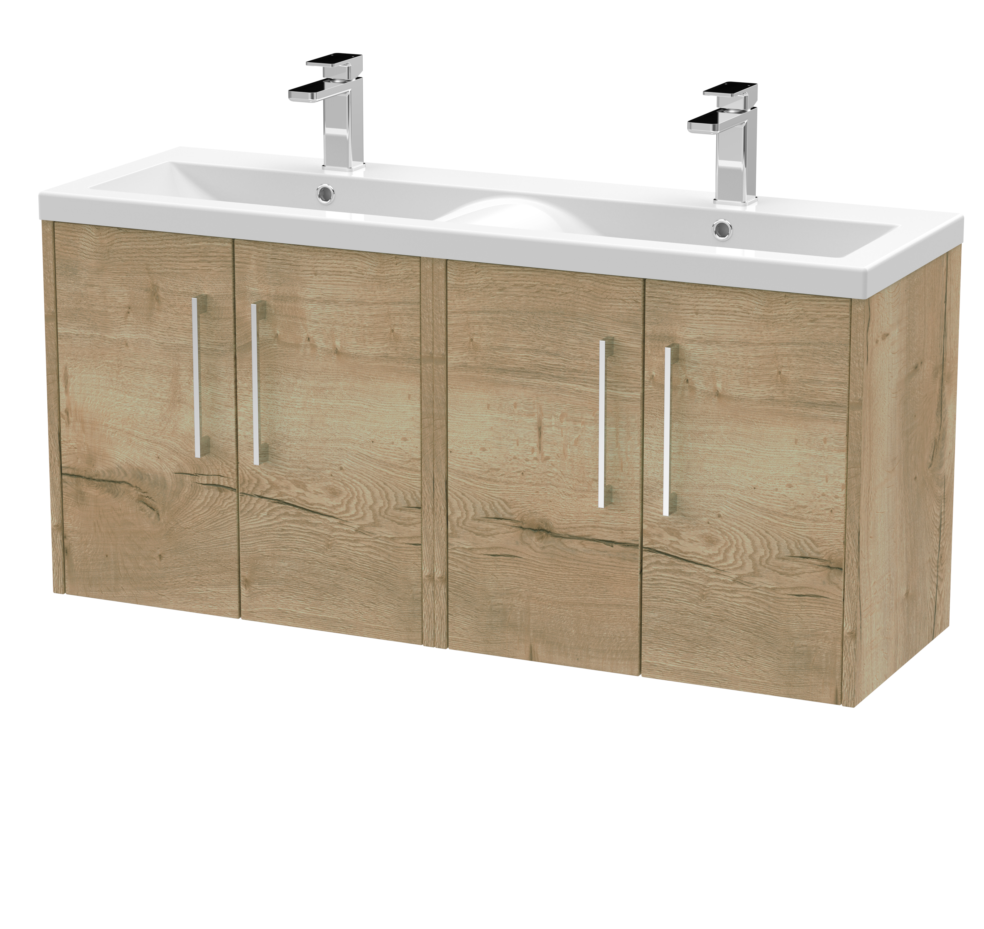 Hudson Reed Juno Autumn Oak 1200mm Wall Hung 4 Door Vanity Unit and Double Basin JNU1823F