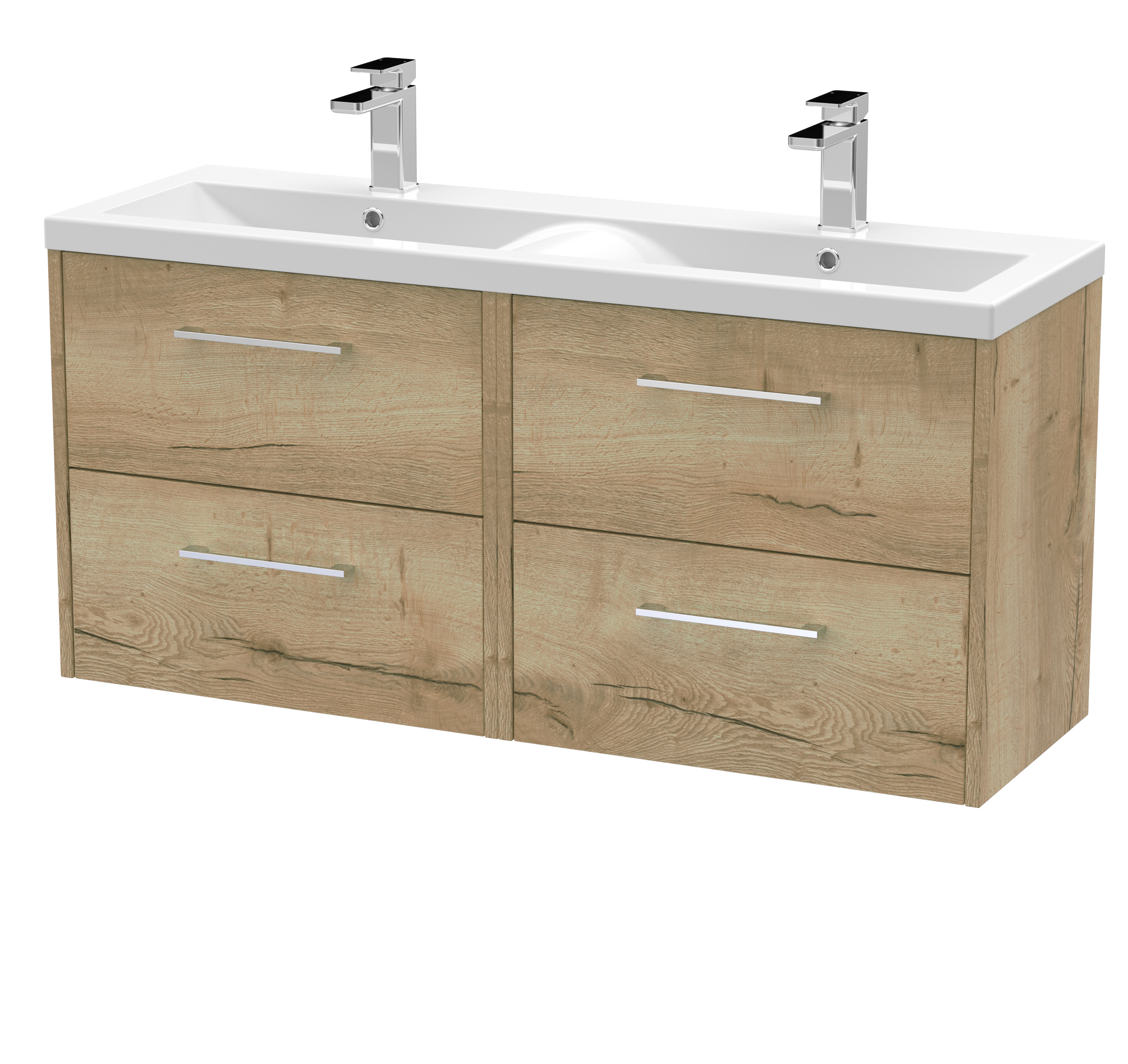 Hudson Reed Juno Autumn Oak 1200mm Wall Hung 4 Drawer Vanity Unit and Double Basin JNU1824F