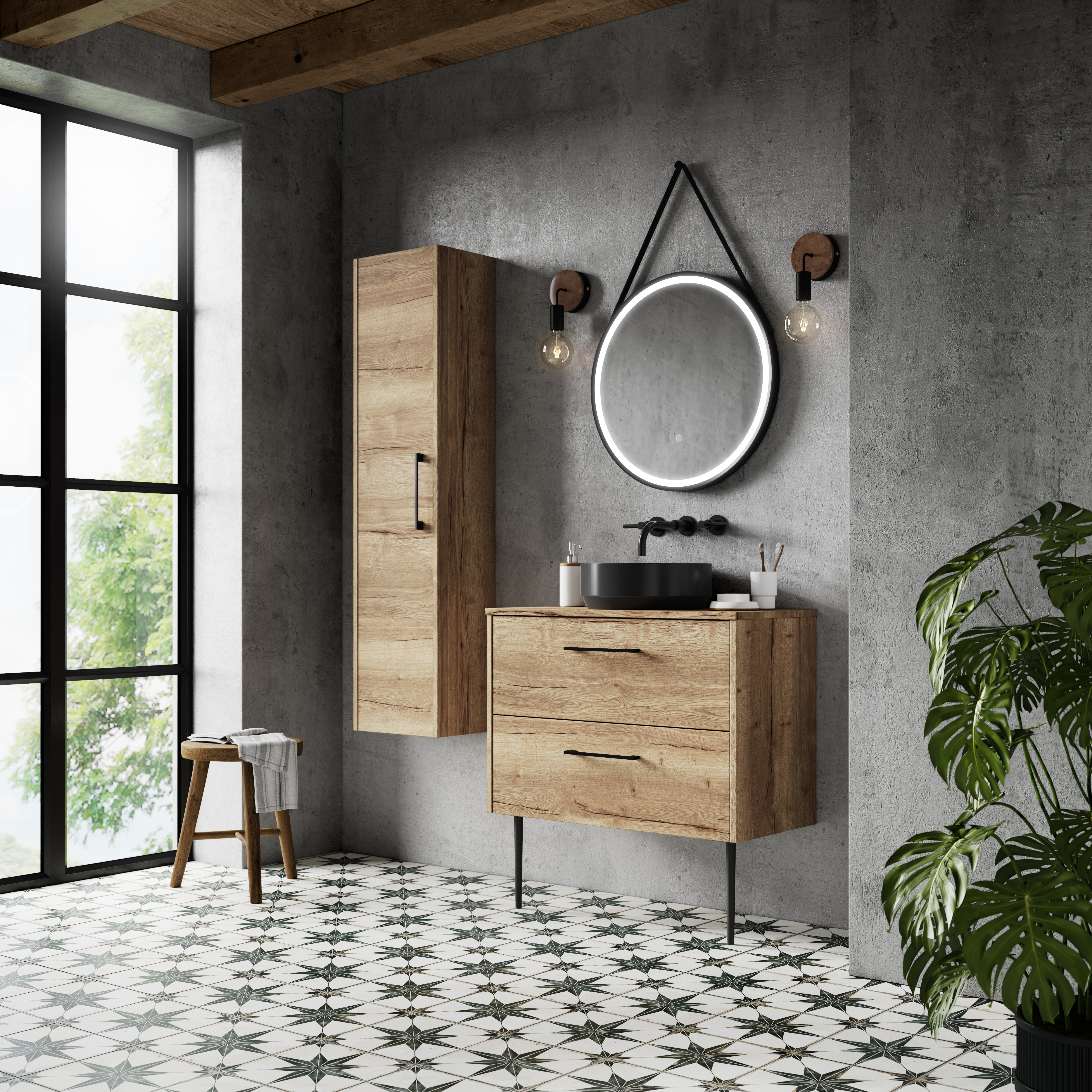 Hudson Reed Juno Autumn Oak 800mm Wall Hung 2 Drawer Vanity Unit and Worktop JNU1826W